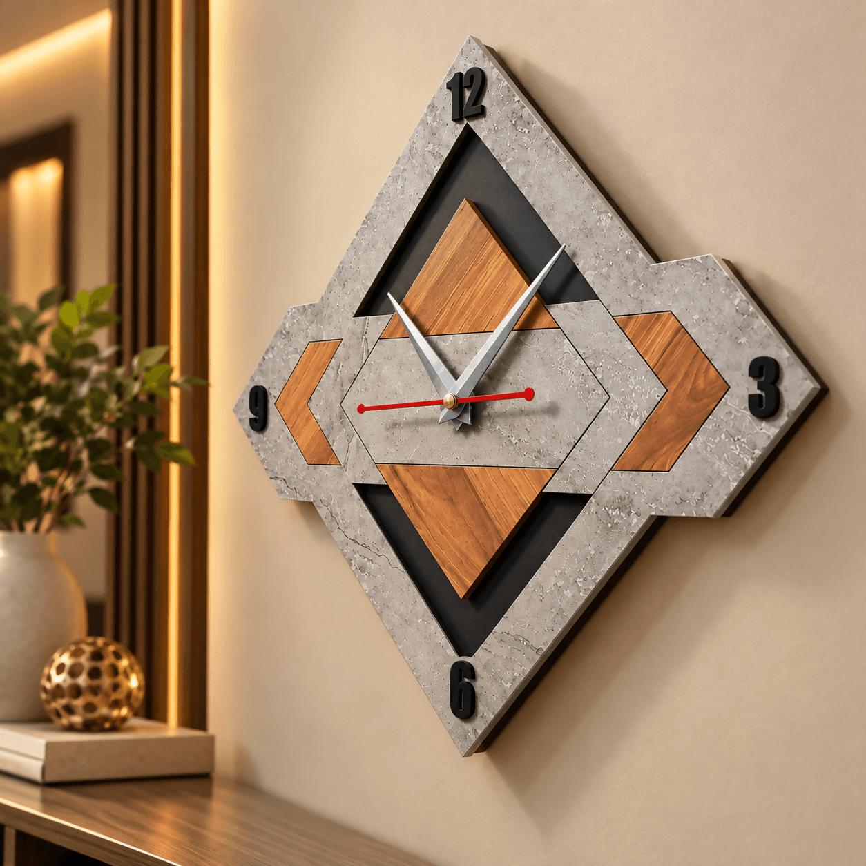 Black Marble Wooden Designer Wall Clock | Geometric Diamond Shape Modern Wall Decor Clock