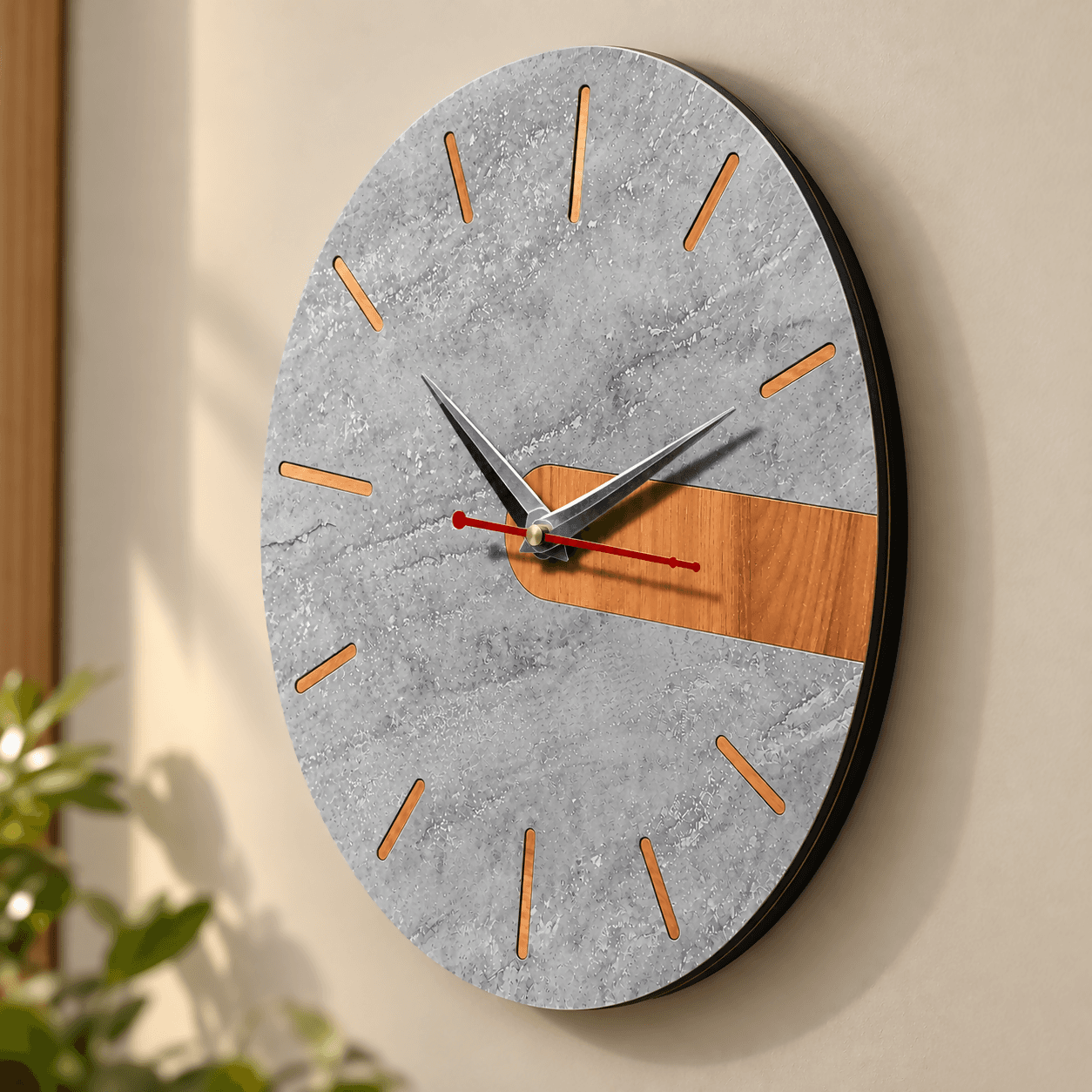 Black Marble Modern Wall Clock | Grey Stone Texture & Wooden Accent Designer Wall Clock