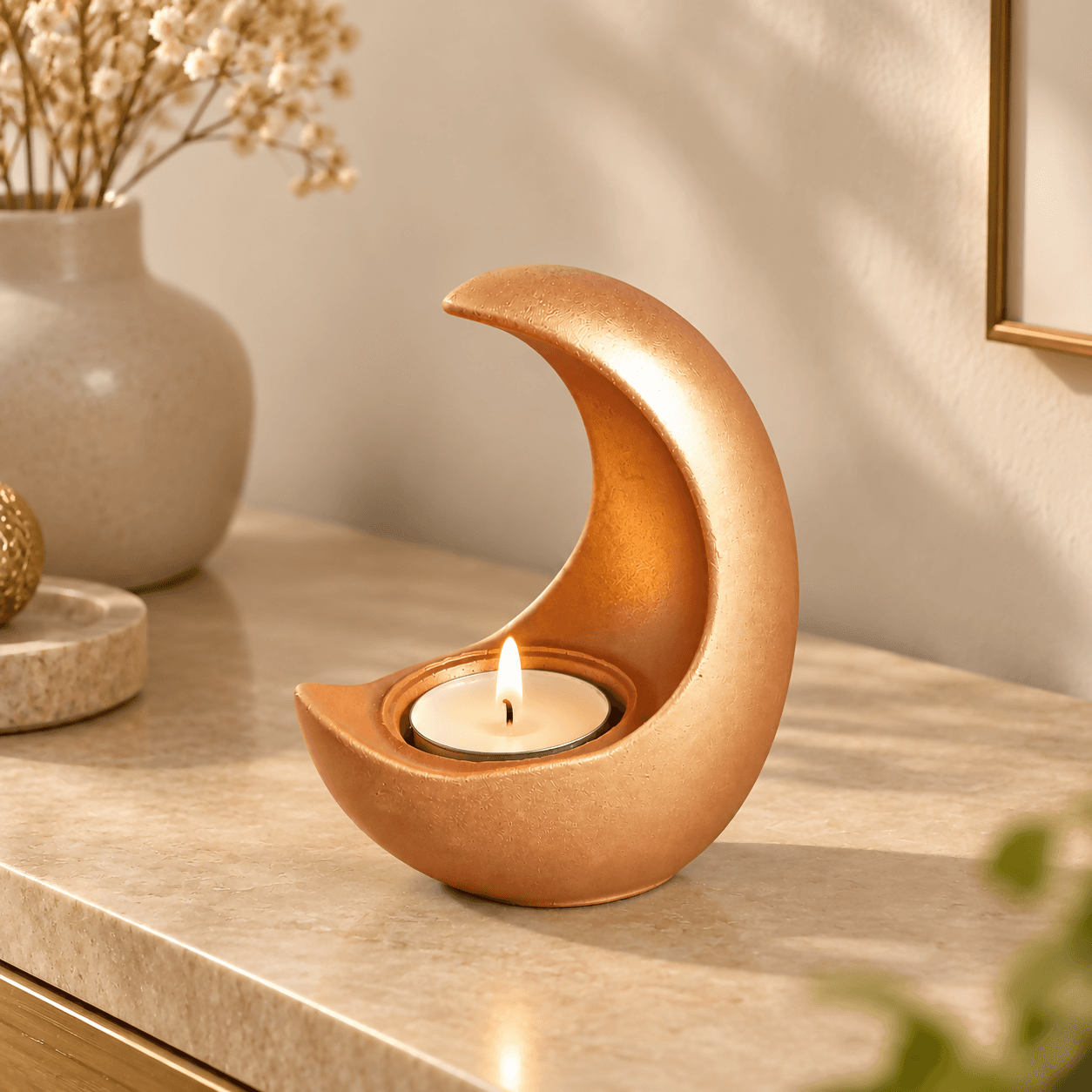 Crescent T-Light Candle Holder | Rose Gold Moon Shape Decorative Diya for Home Decor