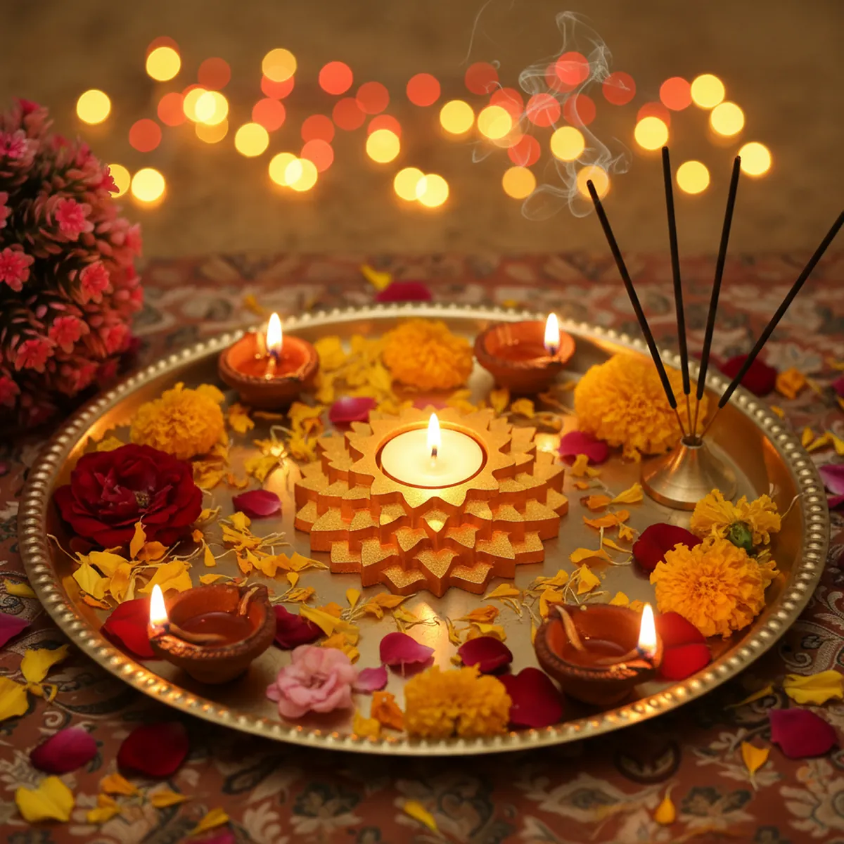 Flower 5-Step Decorative Diya in Gold