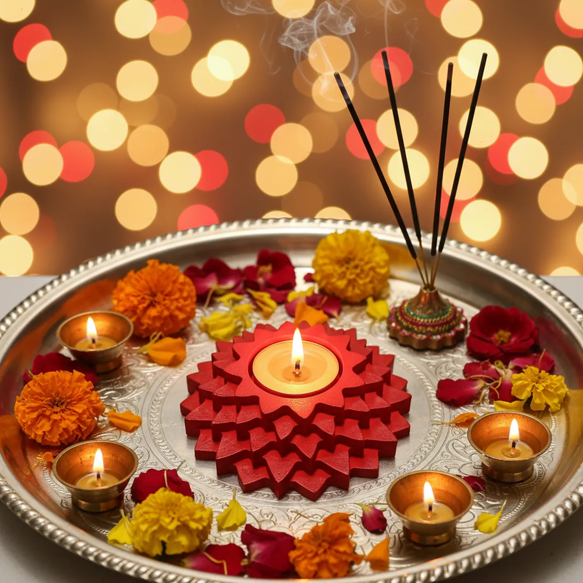 Flower 5-Step Decorative Diya in Red