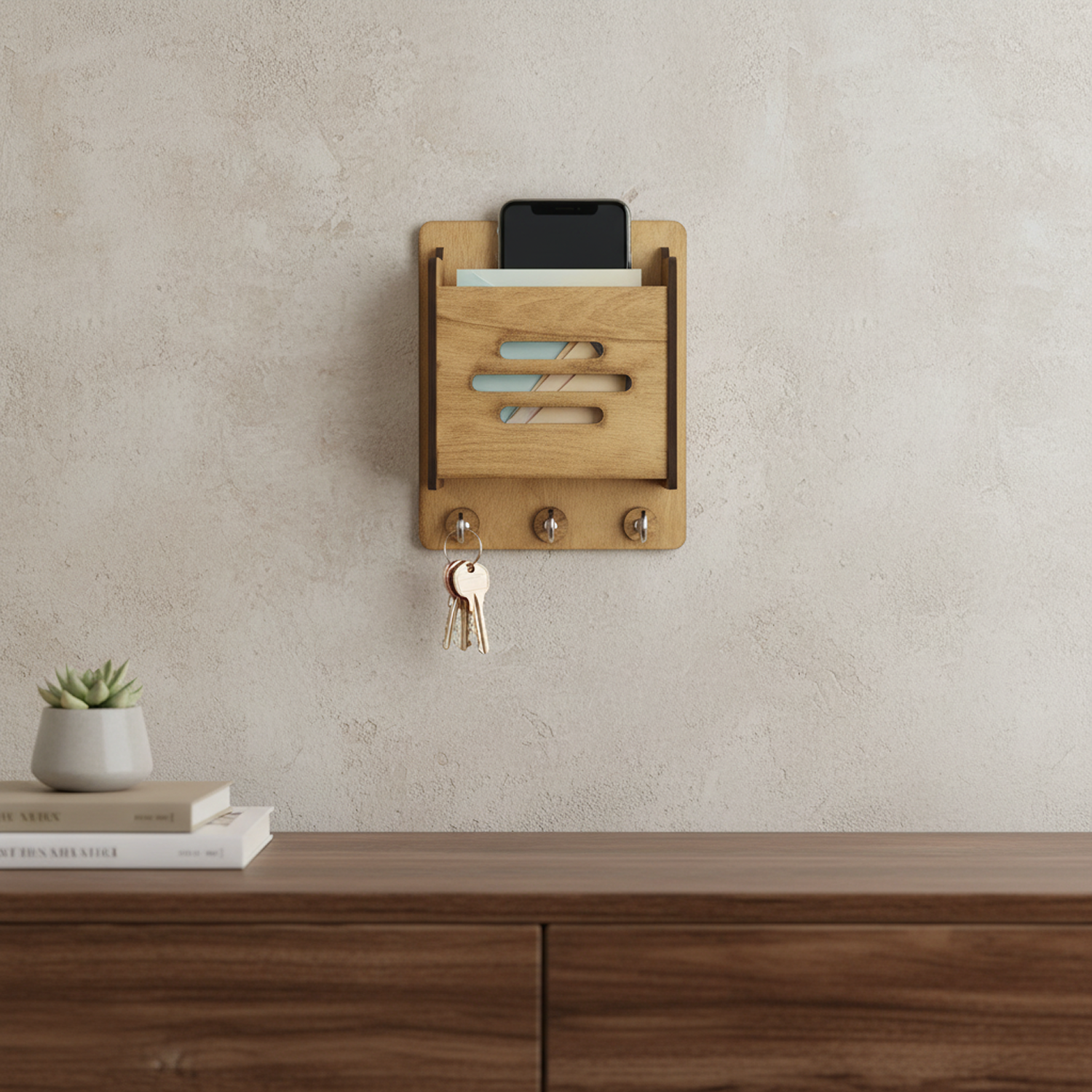 Wooden Key Holder with Mobile Stand | Minimal Home Entryway Décor