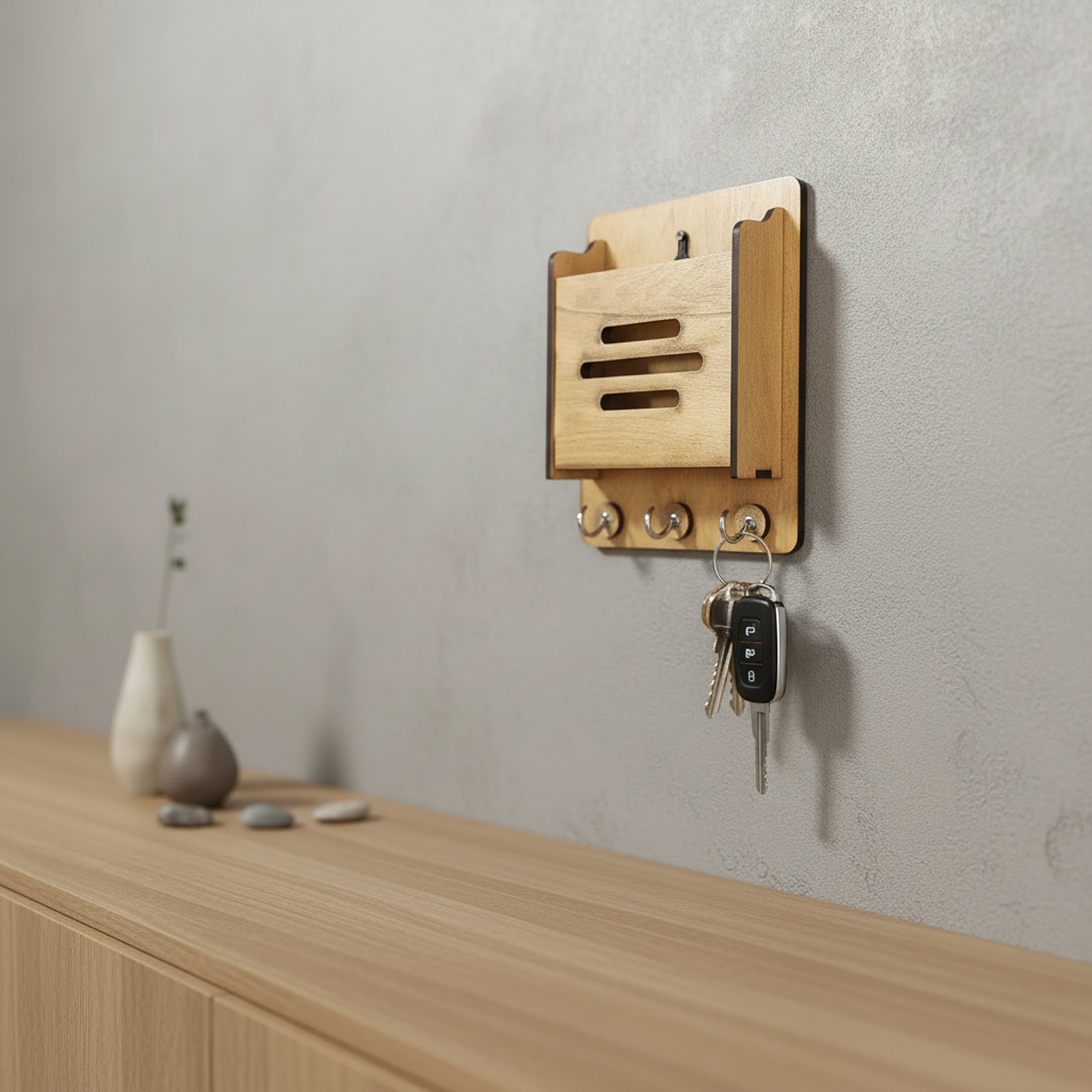 Wooden Key Holder with Mobile Stand | Minimal Home Entryway Décor - Image 3