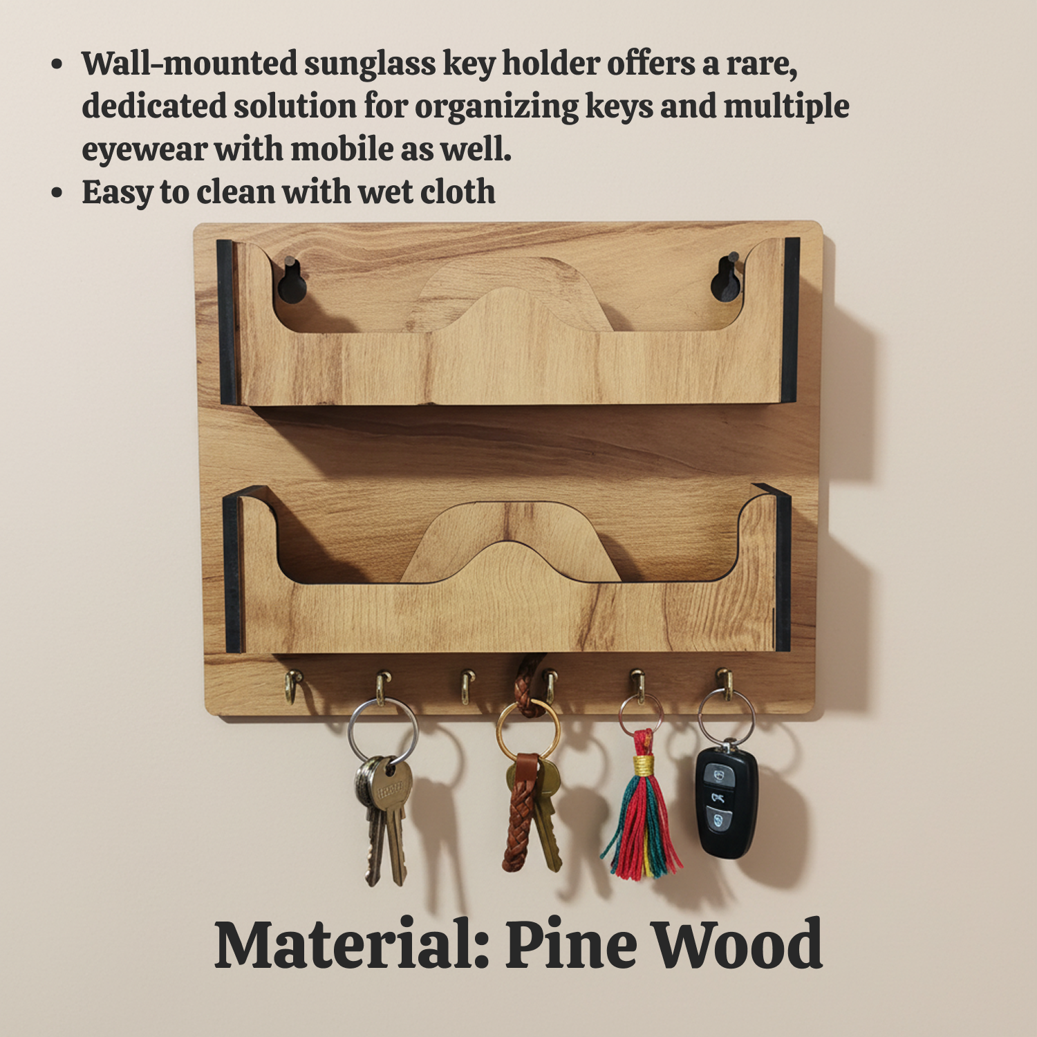 Double Layer Wooden Wall Mounted Organizer with Glasses Shelf and Key Hooks - Image 5