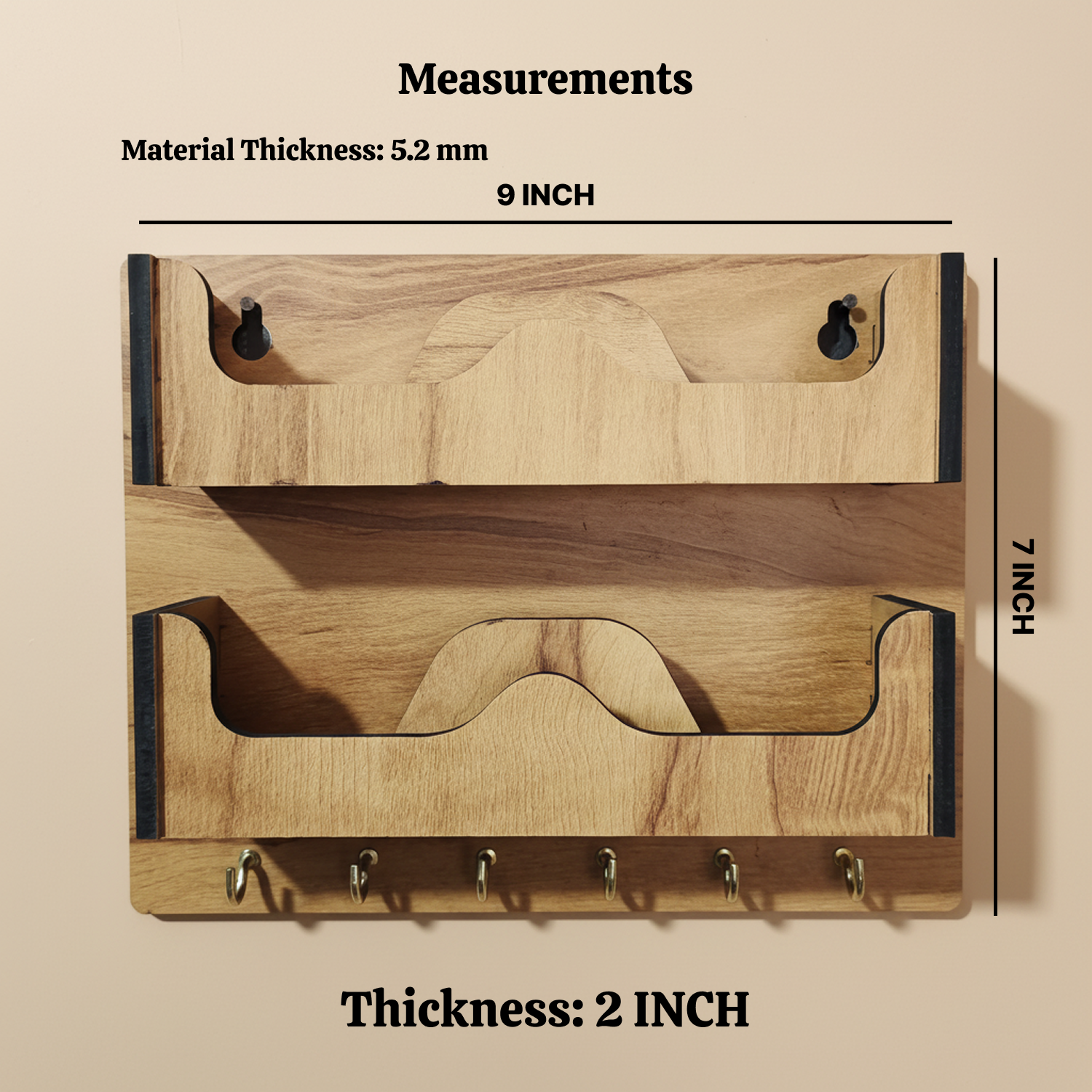 Double Layer Wooden Wall Mounted Organizer with Glasses Shelf and Key Hooks - Image 4