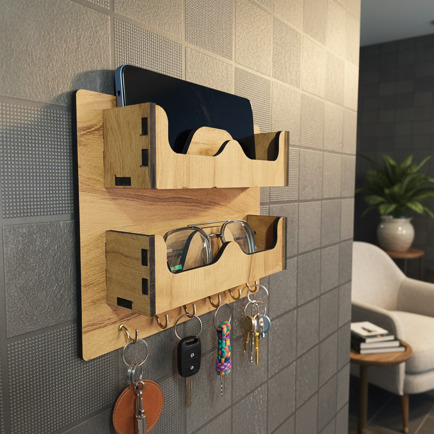 Double Layer Wooden Wall Mounted Organizer with Glasses Shelf and Key Hooks - Image 3