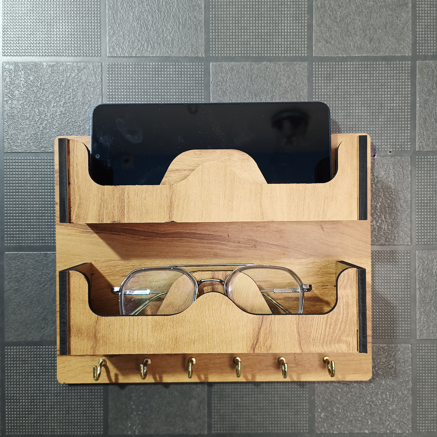 Double Layer Wooden Wall Mounted Organizer with Glasses Shelf and Key Hooks - Image 6