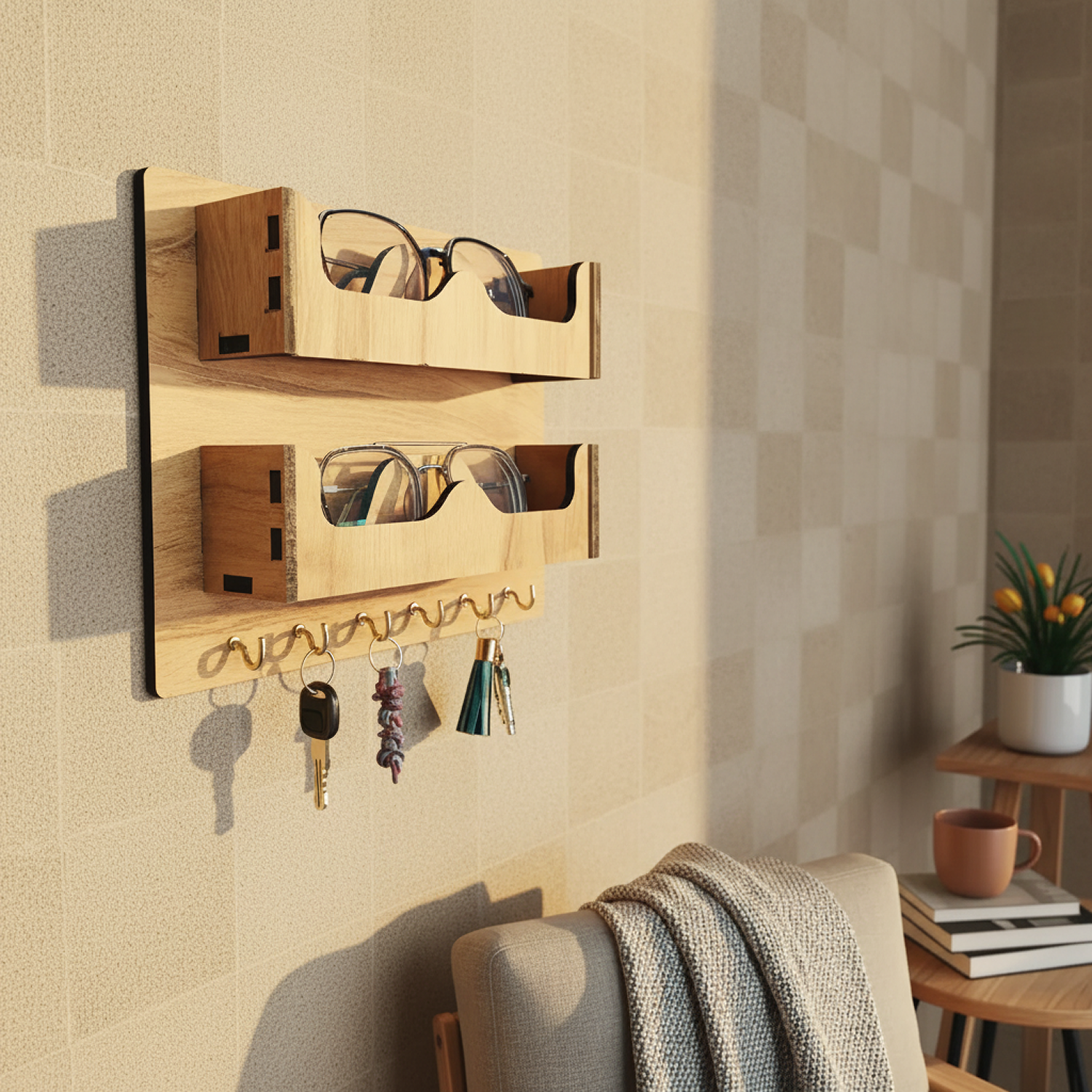 Double Layer Wooden Wall Mounted Organizer with Glasses Shelf and Key Hooks - Image 2
