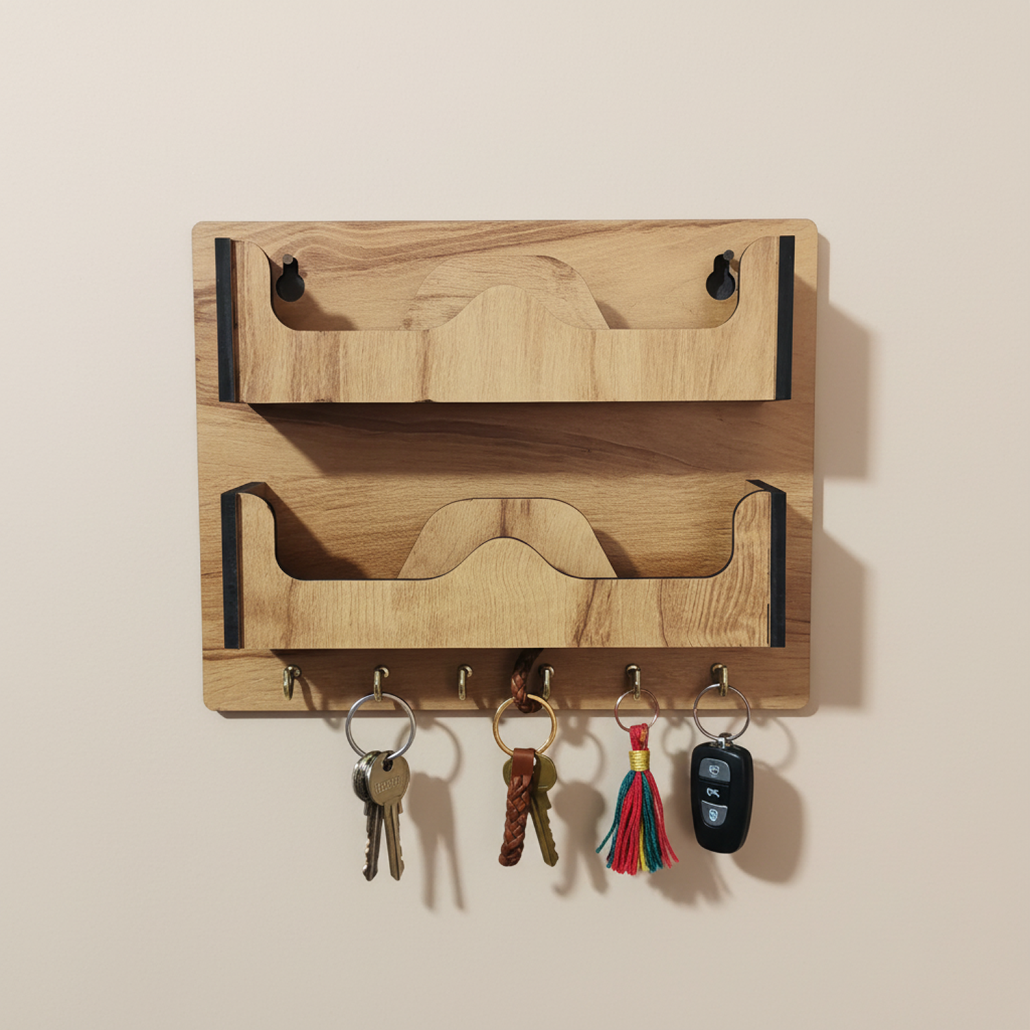 Double Layer Wooden Wall Mounted Organizer with Glasses Shelf and Key Hooks