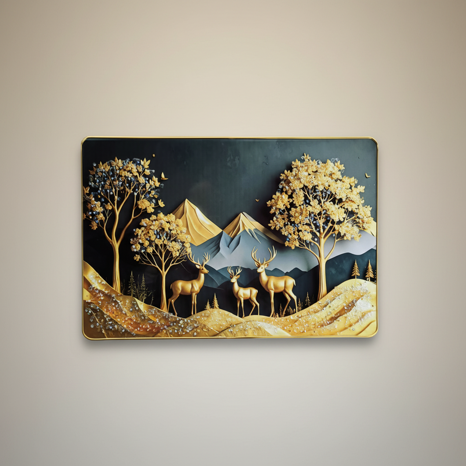 Luxury Golden Deer Mountain Landscape Wall Art Frame Home Decor Crystal Frame