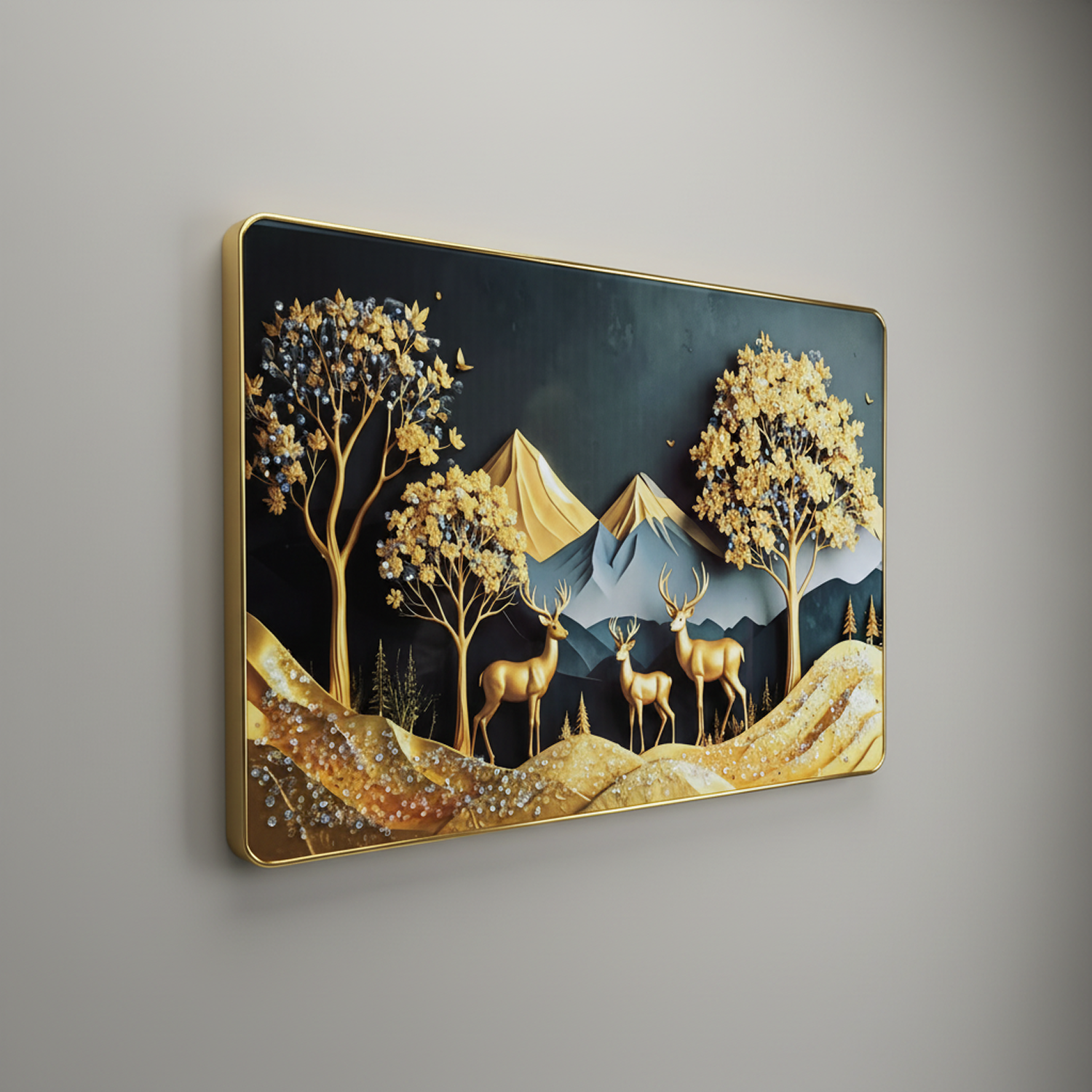 Luxury Golden Deer Mountain Landscape Wall Art Frame Home Decor Crystal Frame - Image 4