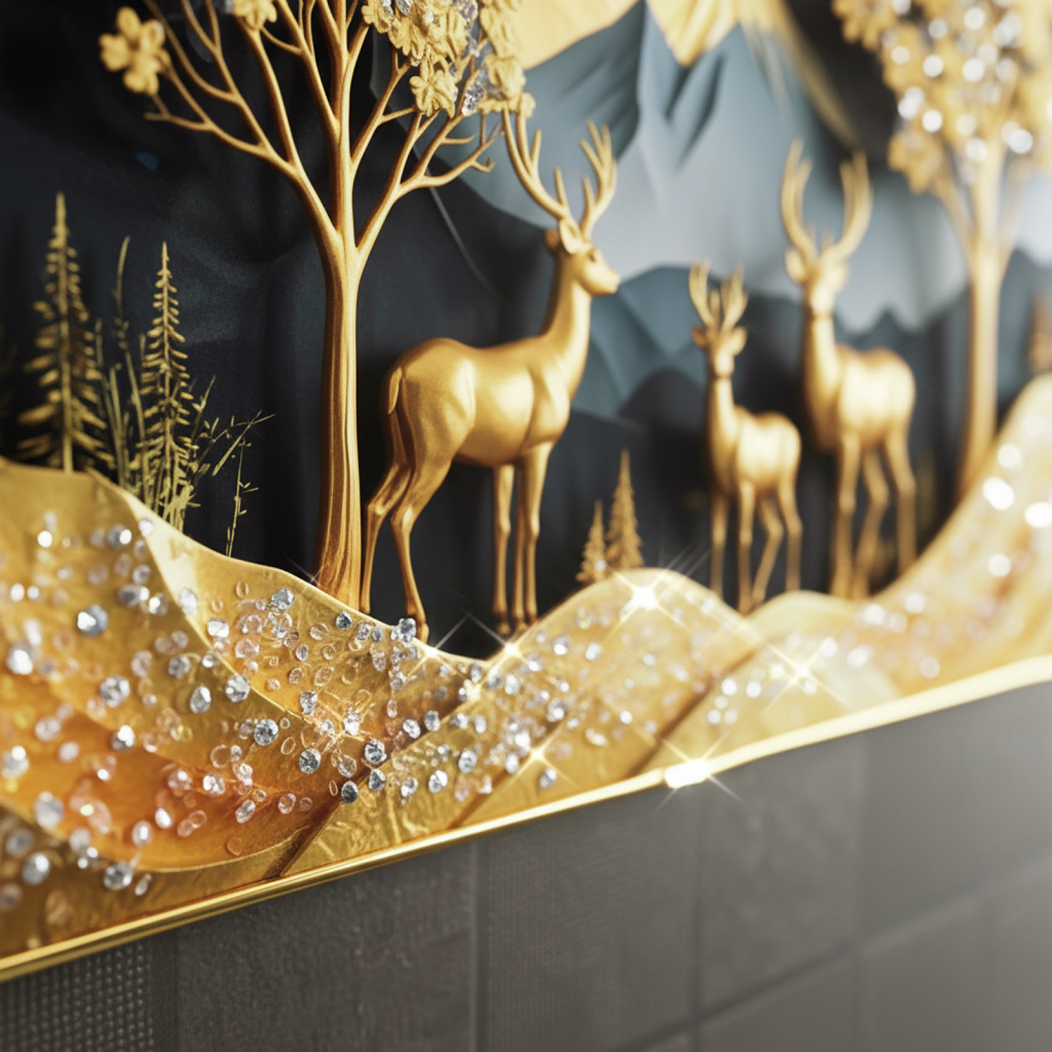 Luxury Golden Deer Mountain Landscape Wall Art Frame Home Decor Crystal Frame - Image 3