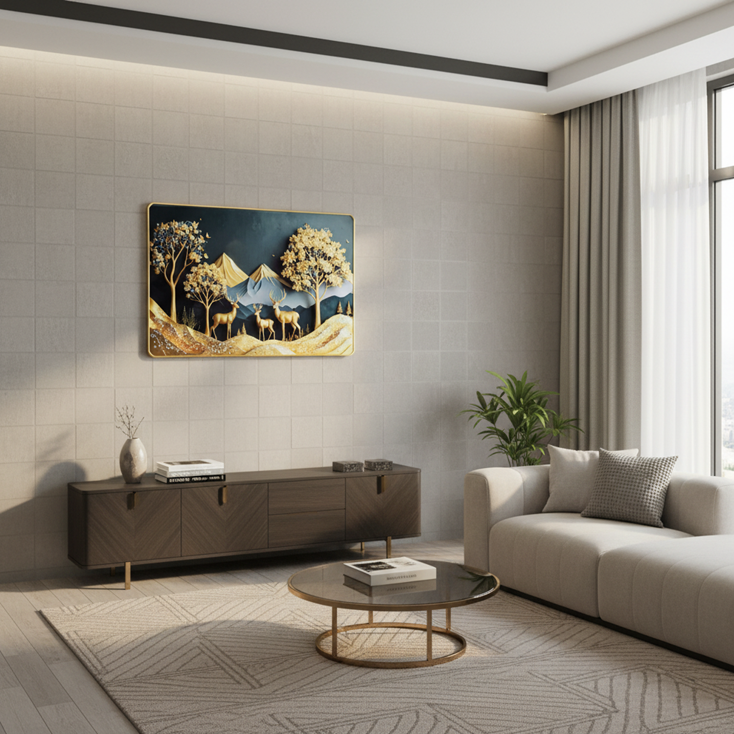 Luxury Golden Deer Mountain Landscape Wall Art Frame Home Decor Crystal Frame - Image 2