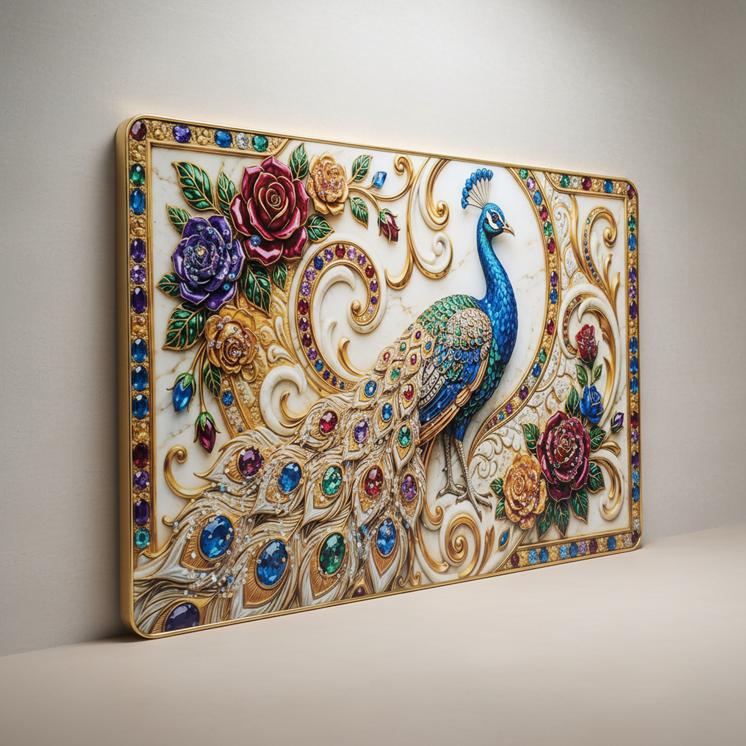 Luxury Peacock Wall Art Frame with Floral Gem Design Home Decor Crystal Frame - Image 4