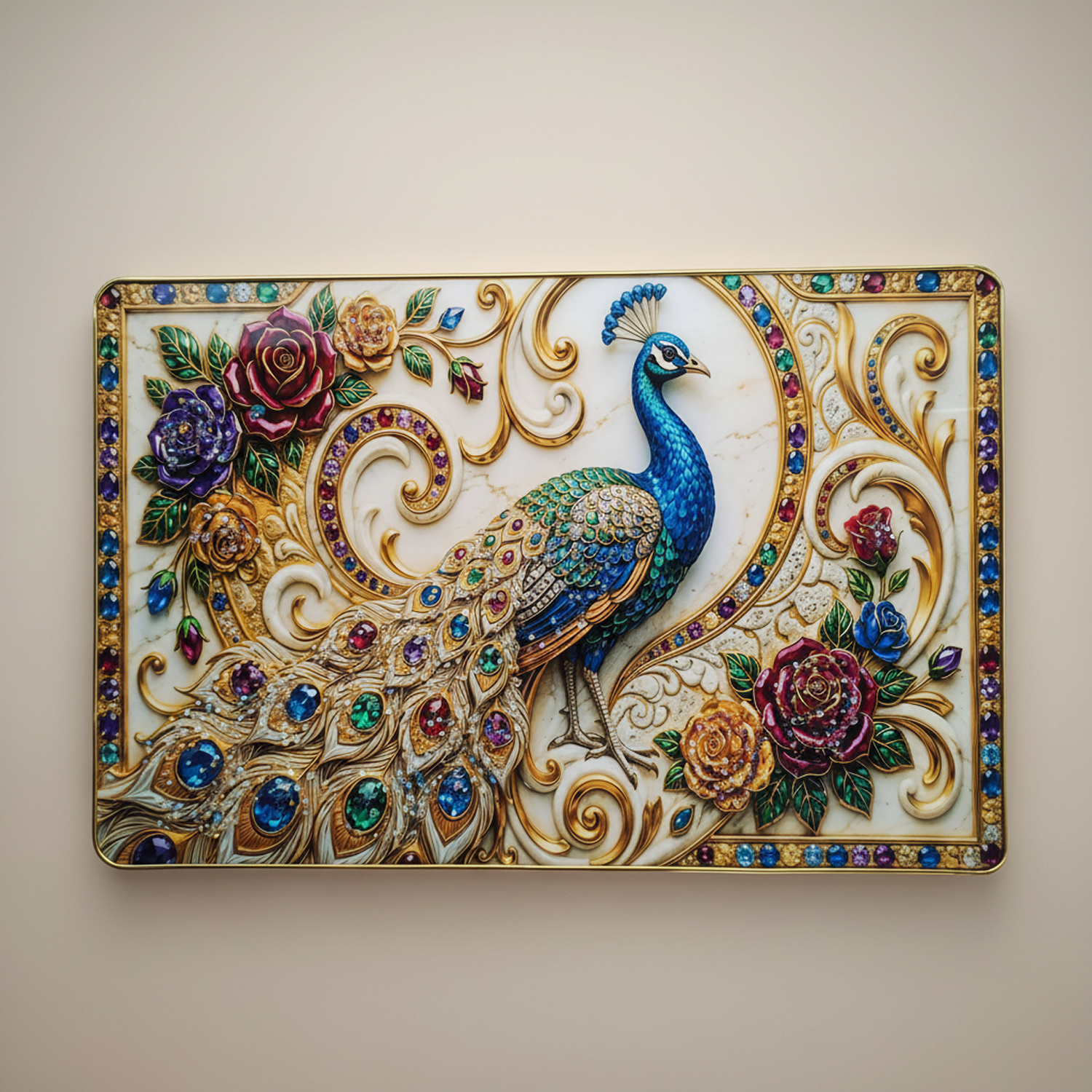 Luxury Peacock Wall Art Frame with Floral Gem Design Home Decor Crystal Frame - Image 3