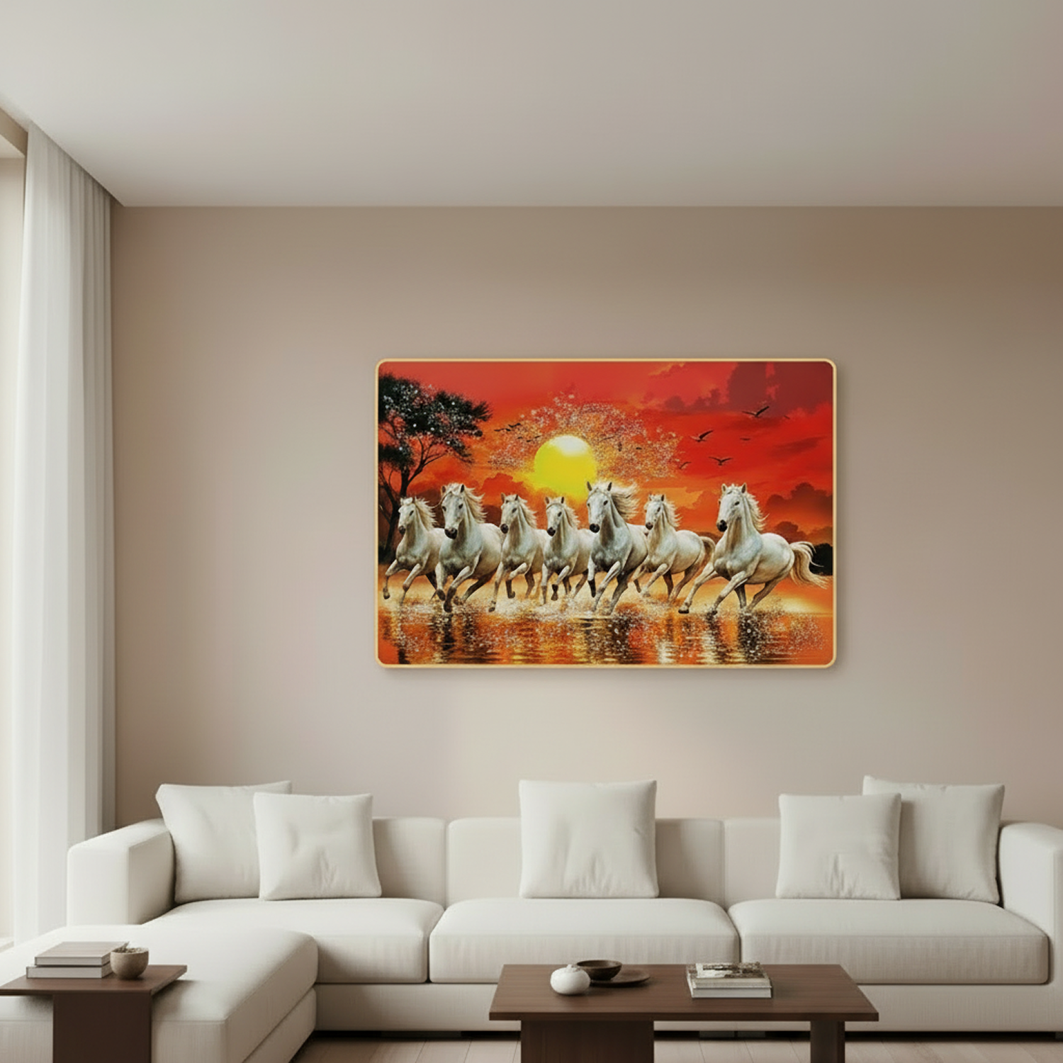 Seven Running Horses Sunrise Wall Art for Living Room Decor Frame Crystal Frame - Image 7