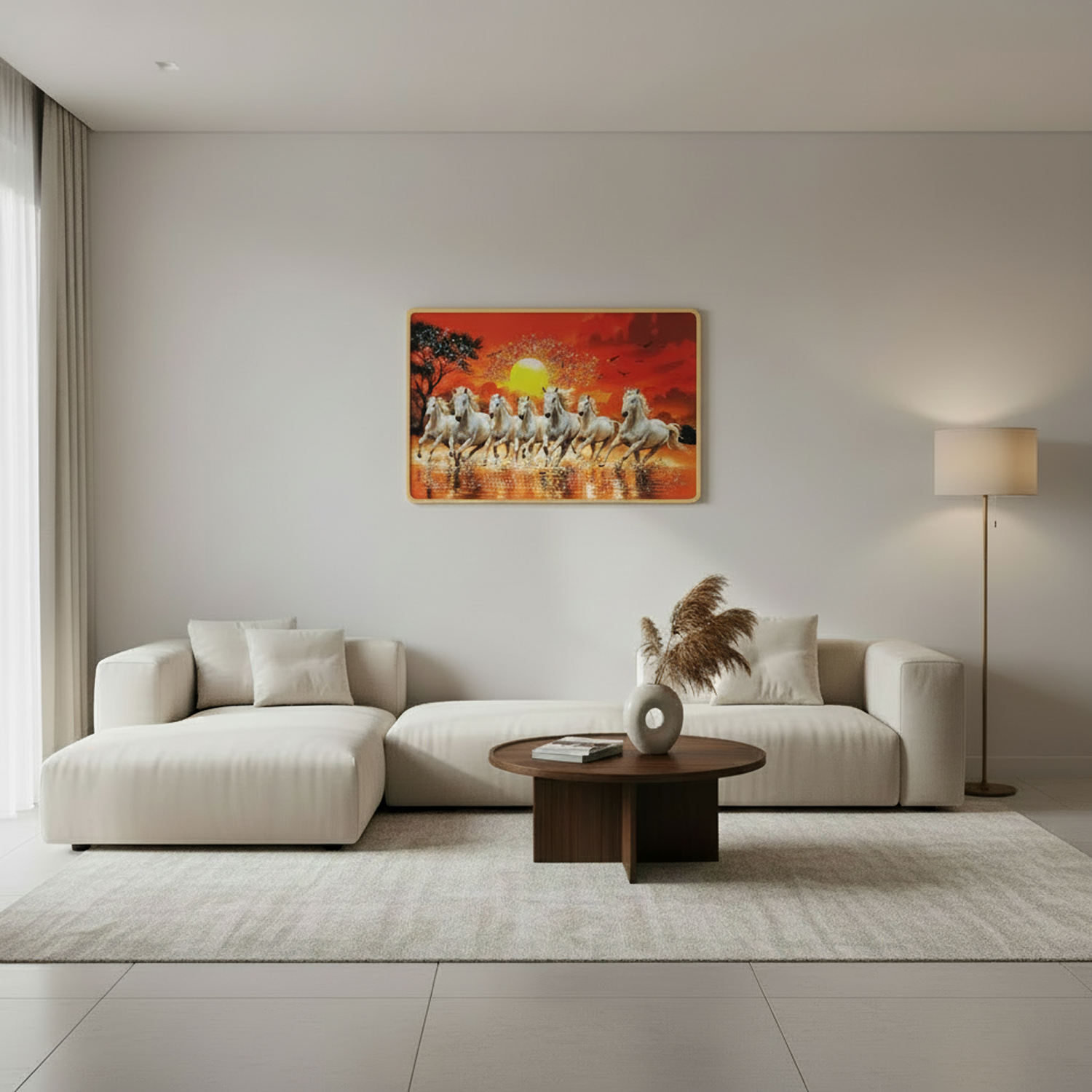 Seven Running Horses Sunrise Wall Art for Living Room Decor Frame Crystal Frame