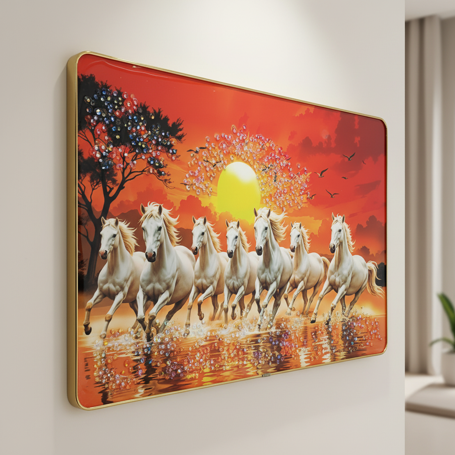 Seven Running Horses Sunrise Wall Art for Living Room Decor Frame Crystal Frame - Image 3