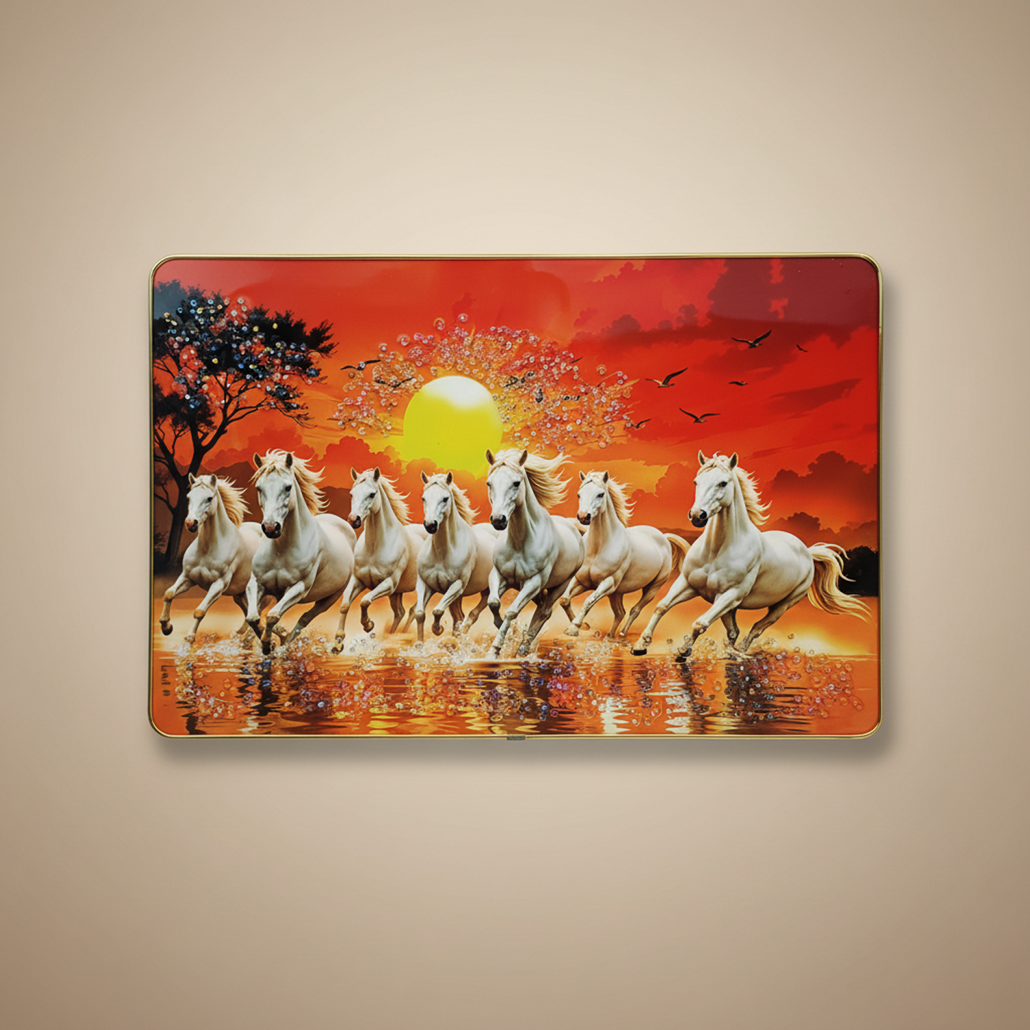 Seven Running Horses Sunrise Wall Art for Living Room Decor Frame Crystal Frame - Image 4