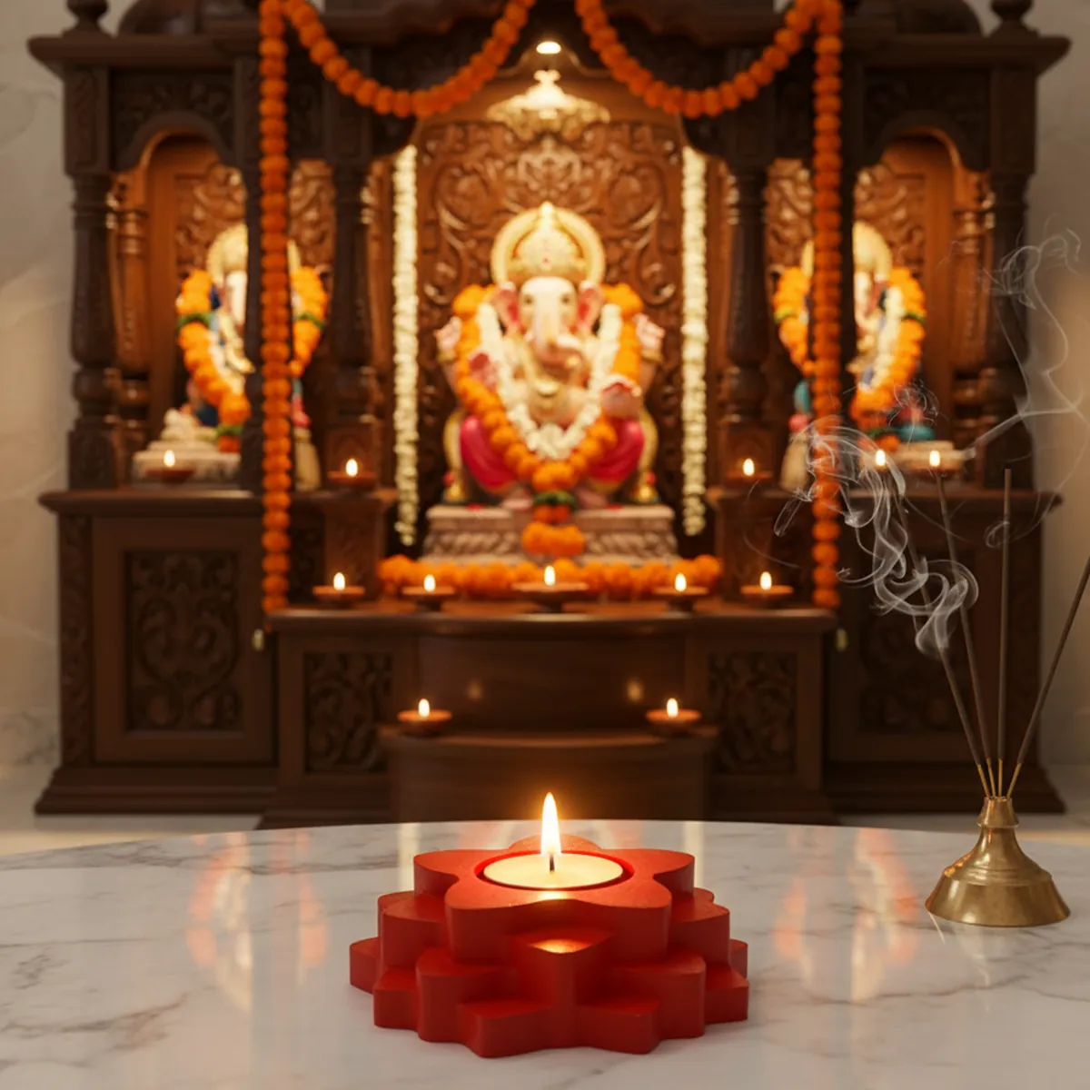 Flower 4-Step Decorative Diya Multi-Purpose Tealight Candle Holder - Red