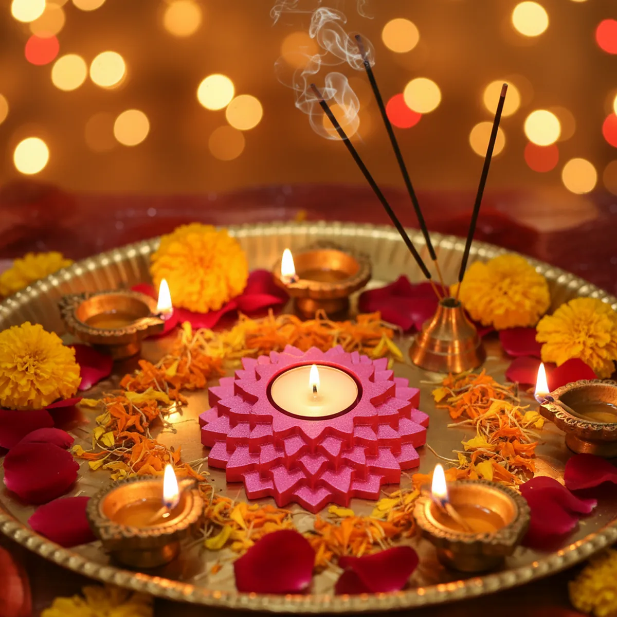 Flower 5-Step Decorative Diya Multi-Purpose Tealight Candle Holder - Metalic Pink