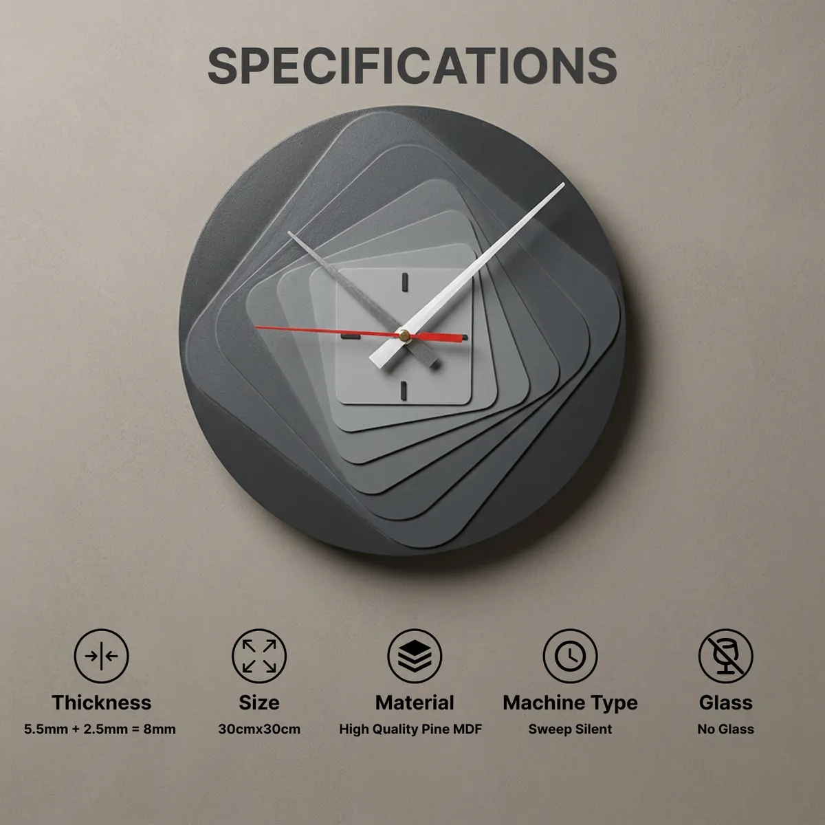 Modern 7 Layer Grey Wooden Wall Clock | Silent Sweep Quartz for Living Room & Office - Image 4