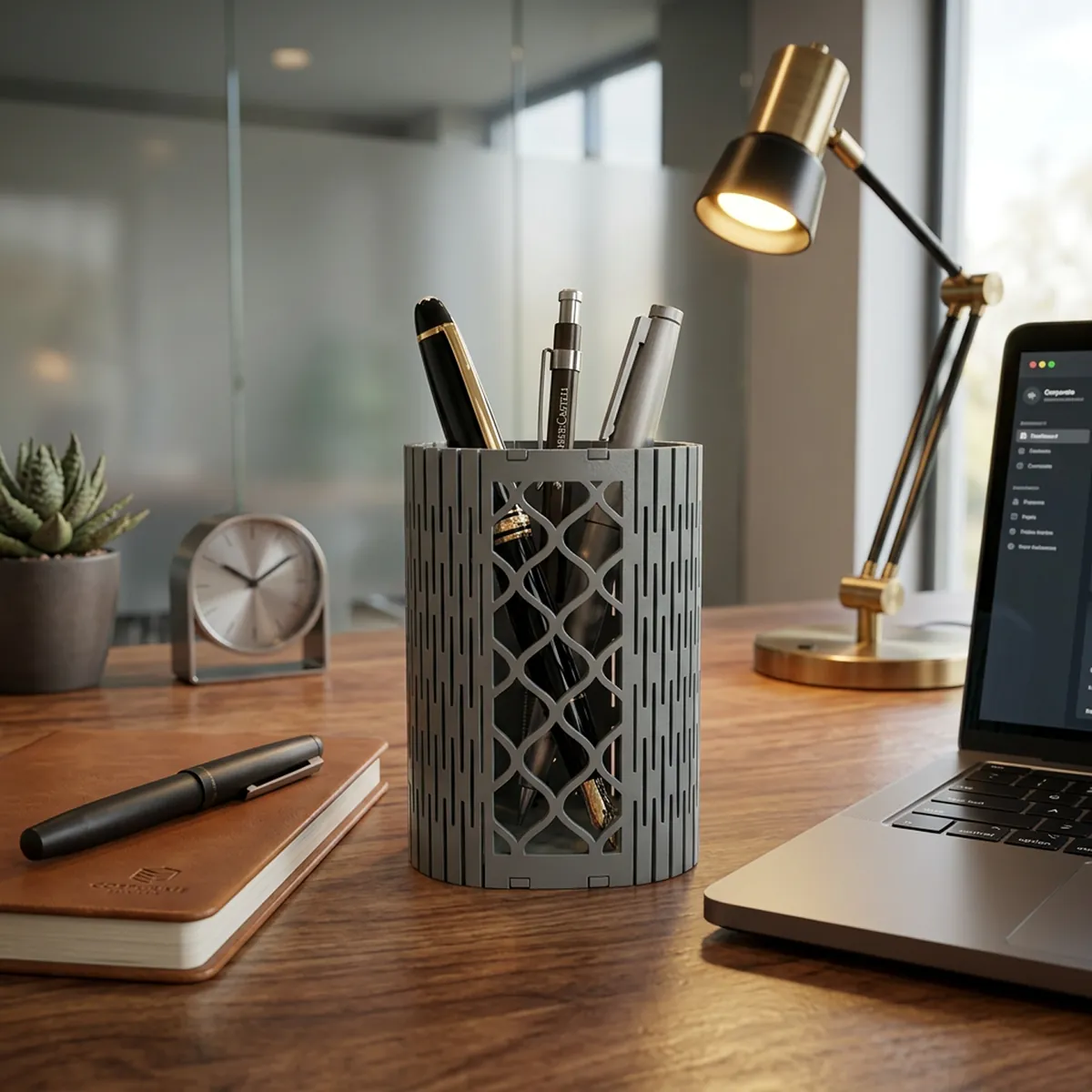 Geometric Mesh Pen Holder | Premium MDF Desk Organizer for Office & Study - Image 3