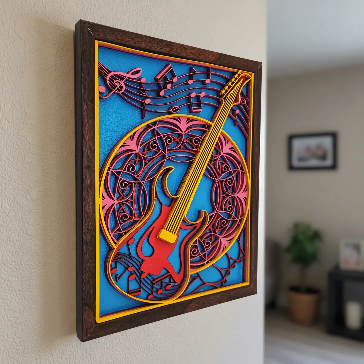 Handcrafted Multi-Layer Wooden Guitar Wall Art – 3D Musical Frame | Artistic Home Decor | Handmade Music Lover’s Wall Hanging for Living Room & Studio - Image 4