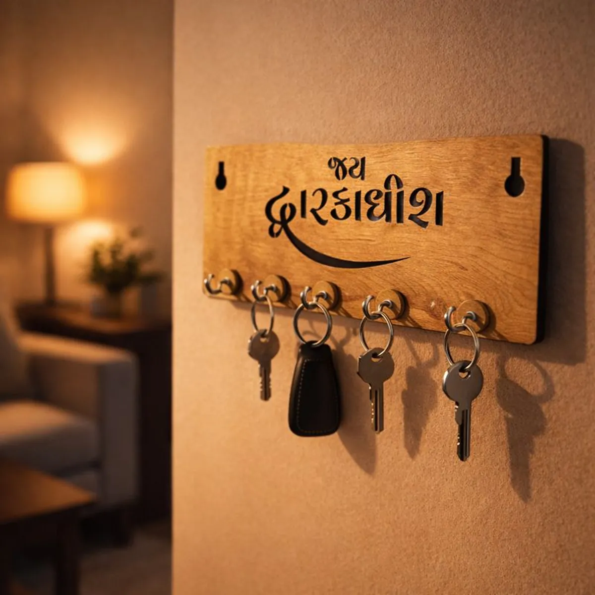 Wooden Key Holder for Wall – “Jay Dwarkadish” MDF Key Organizer | Spiritual Home Décor Key Stand - Image 2