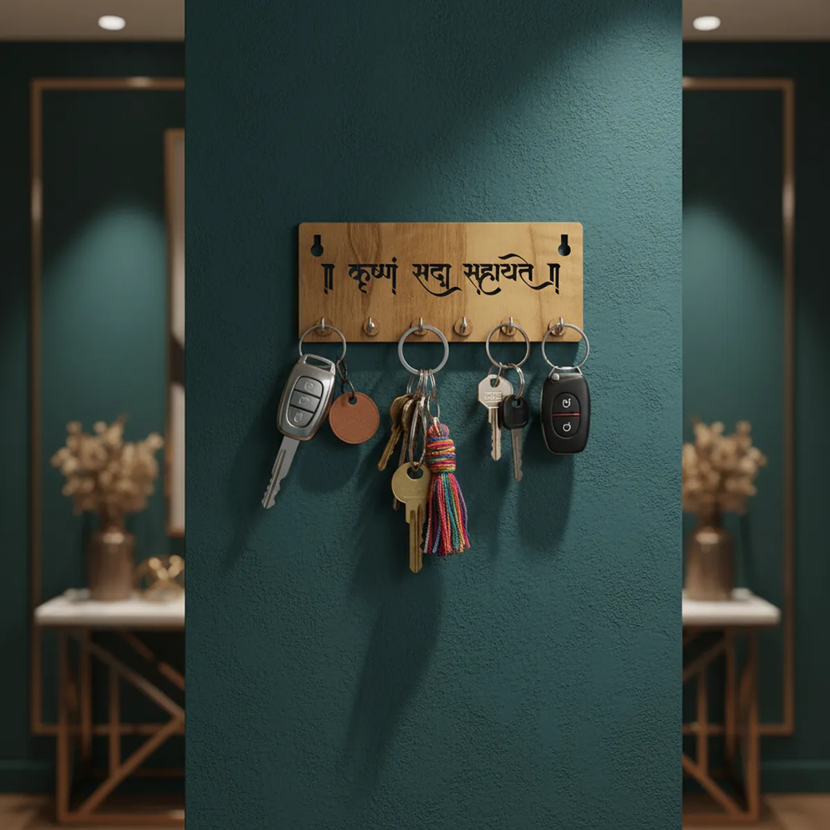 Krushnam Sada Sahayate Wooden Key Holder for Wall – Premium MDF Krishna Devotional Wall Key Organizer - Image 2