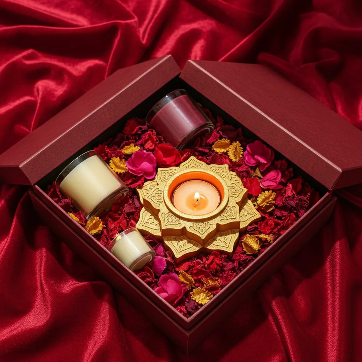 Lotus Shape Decorative Diya & Multipurpose Candle Holder - Gold - Image 4
