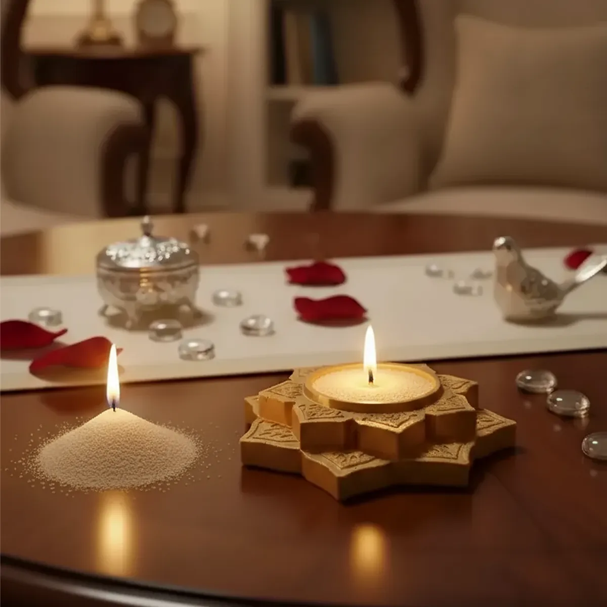 Lotus Shape Decorative Diya & Multipurpose Candle Holder - Gold - Image 2