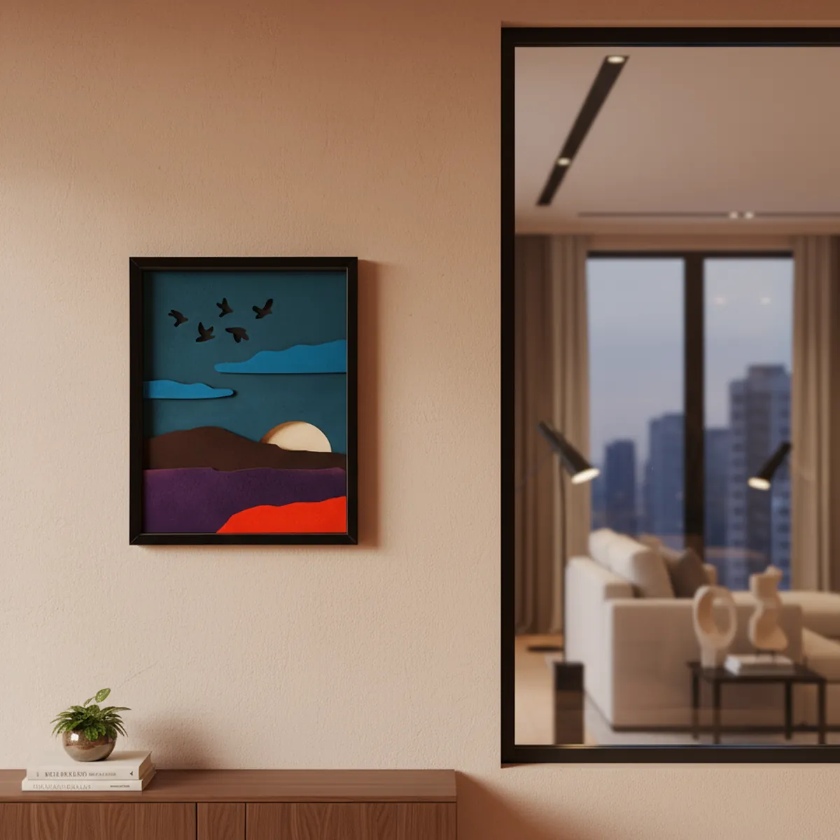 Handcrafted Wooden Mountain Wall Art – Nature Scene with Sun, Clouds & Birds | Minimal Landscape Wooden Frame | Eco-Friendly Wall Decor for Home & Office - Image 3