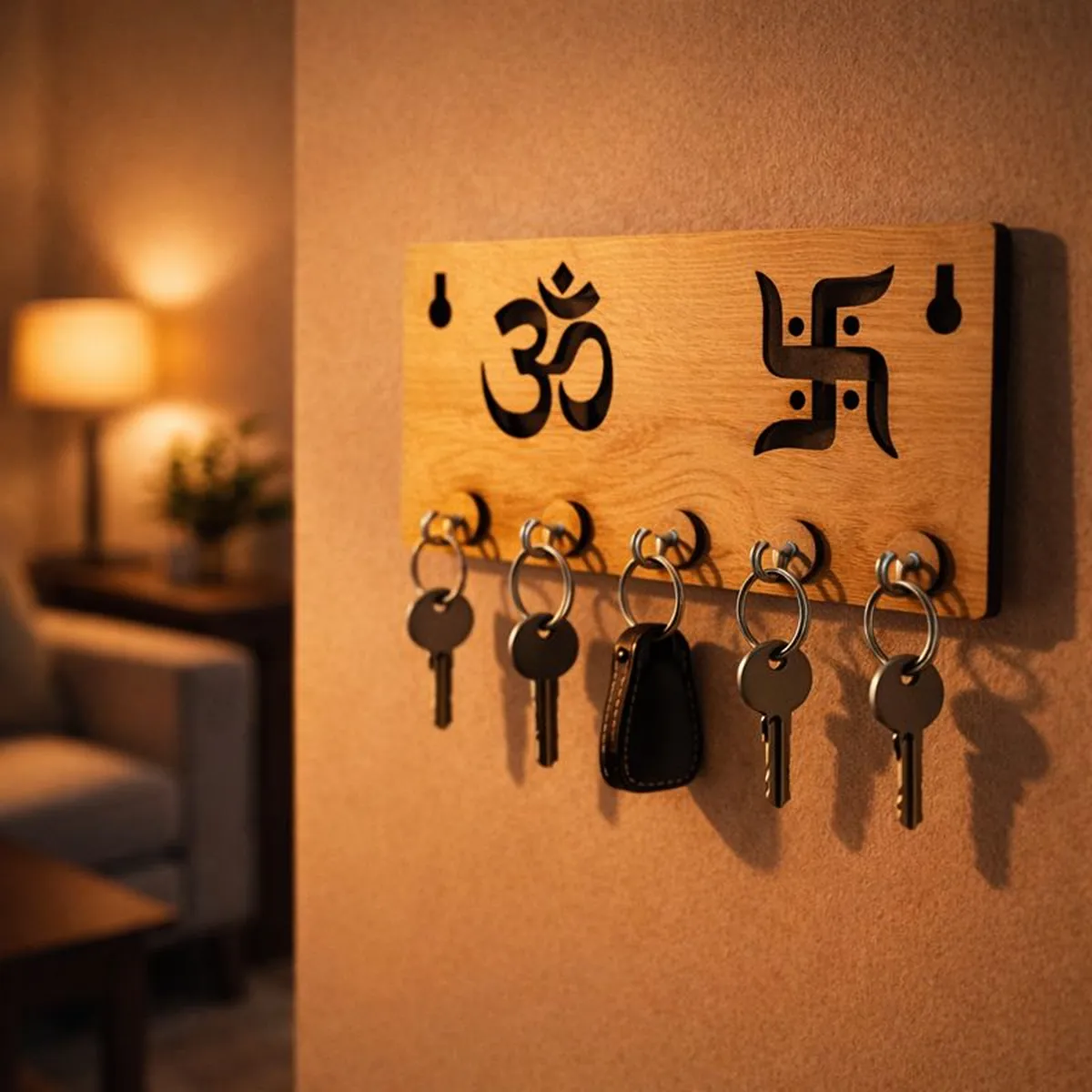 Wooden Key Holder for Wall – ॐ Om & Swastik MDF Key Organizer | Spiritual Wall Key Stand for Home Décor - Image 2