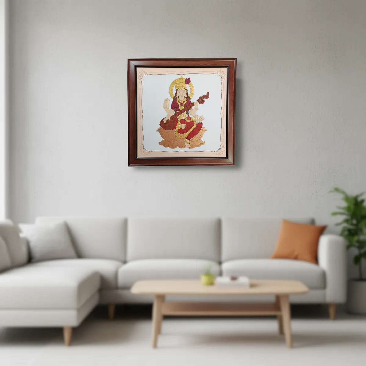 Goddess Saraswati Wooden Framed Wall Art | Handcrafted Hindu Religious Painting for Home, Office & Pooja Room | Premium Spiritual Decor - Image 5