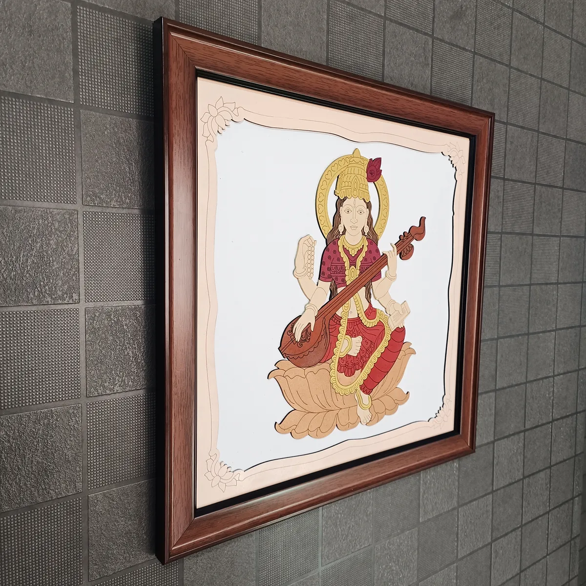 Goddess Saraswati Wooden Framed Wall Art | Handcrafted Hindu Religious Painting for Home, Office & Pooja Room | Premium Spiritual Decor - Image 4