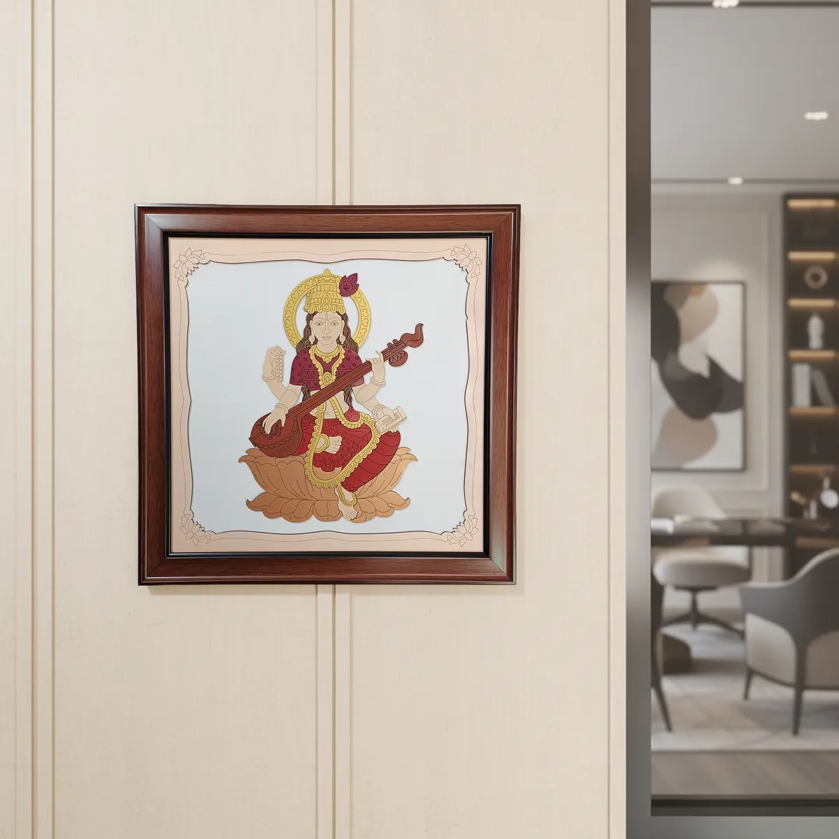 Goddess Saraswati Wooden Framed Wall Art | Handcrafted Hindu Religious Painting for Home, Office & Pooja Room | Premium Spiritual Decor - Image 2