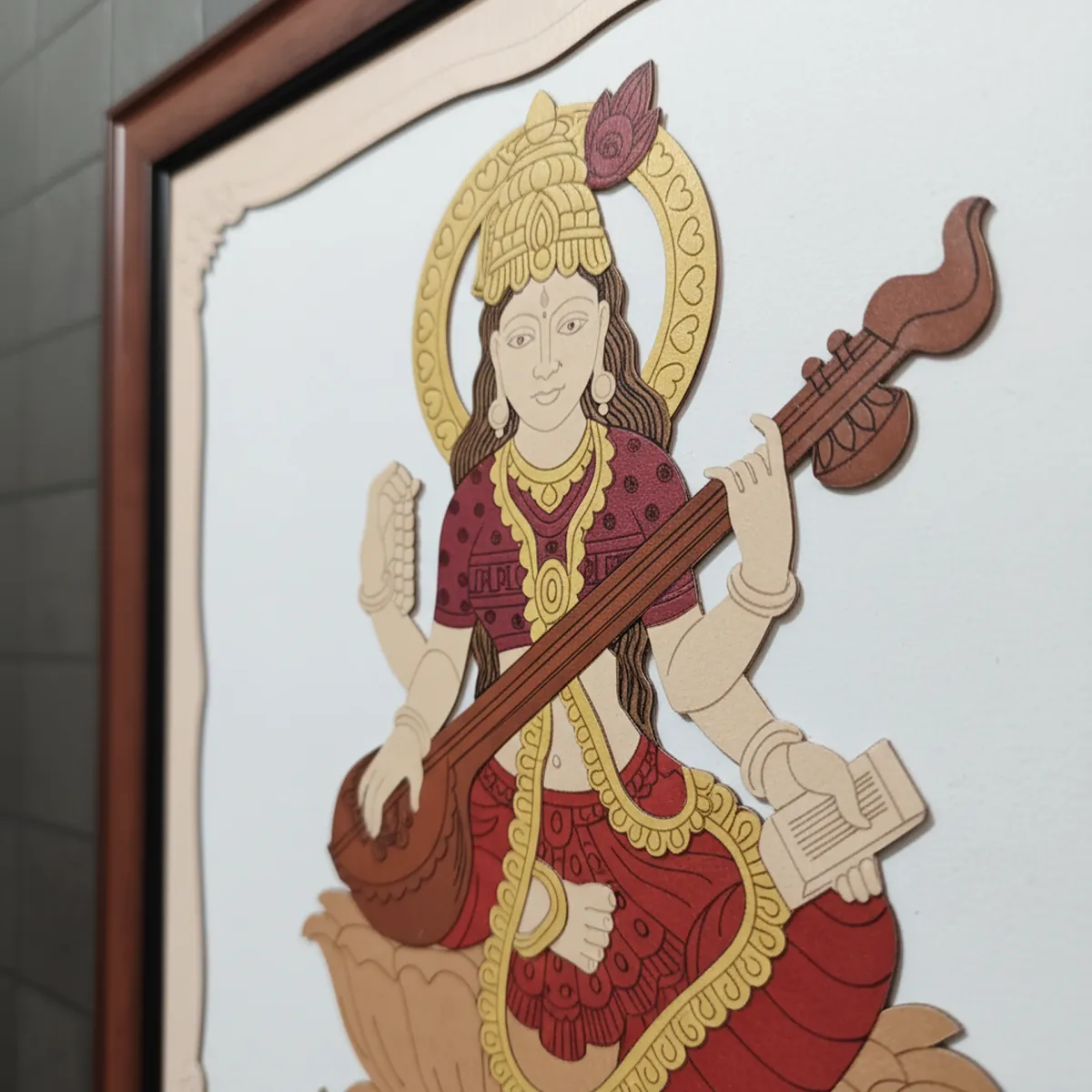 Goddess Saraswati Wooden Framed Wall Art | Handcrafted Hindu Religious Painting for Home, Office & Pooja Room | Premium Spiritual Decor - Image 3