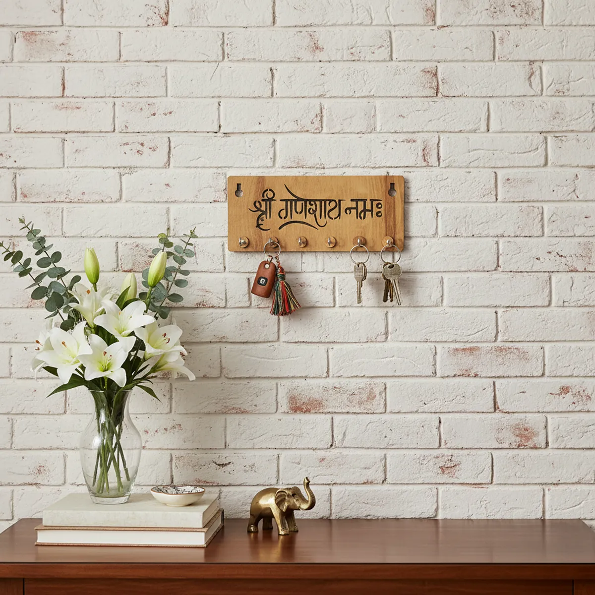 Shri Ganeshay Namah Wooden Key Holder for Wall – Premium MDF Ganpati Wall Key Organizer | Spiritual Home Décor