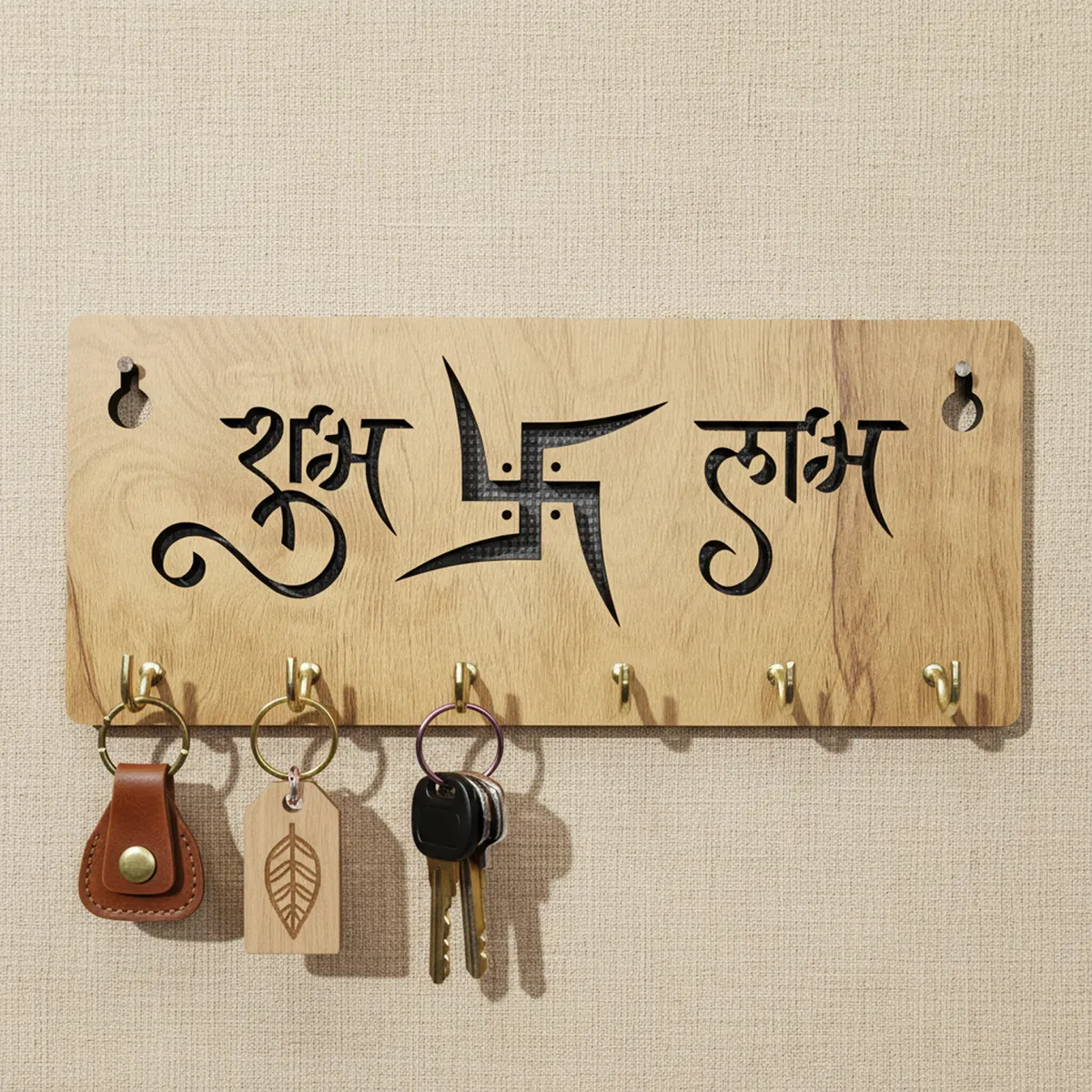 Shubh Labh Wooden Key Holder for Wall| Vastu Swastik Design Key Stand | Decorative Key Hanger for Home Entrance & Office - Image 2