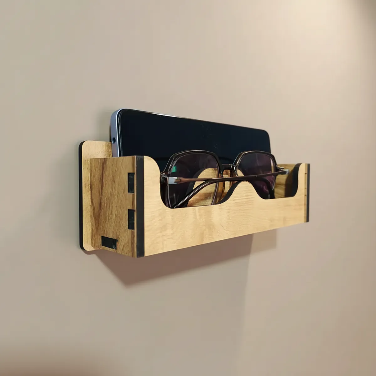 Premium Wooden Wall-Mounted Sunglasses & Mobile Holder | Minimalist MDF Glasses Organizer Shelf for Home & Office Décor - Image 2