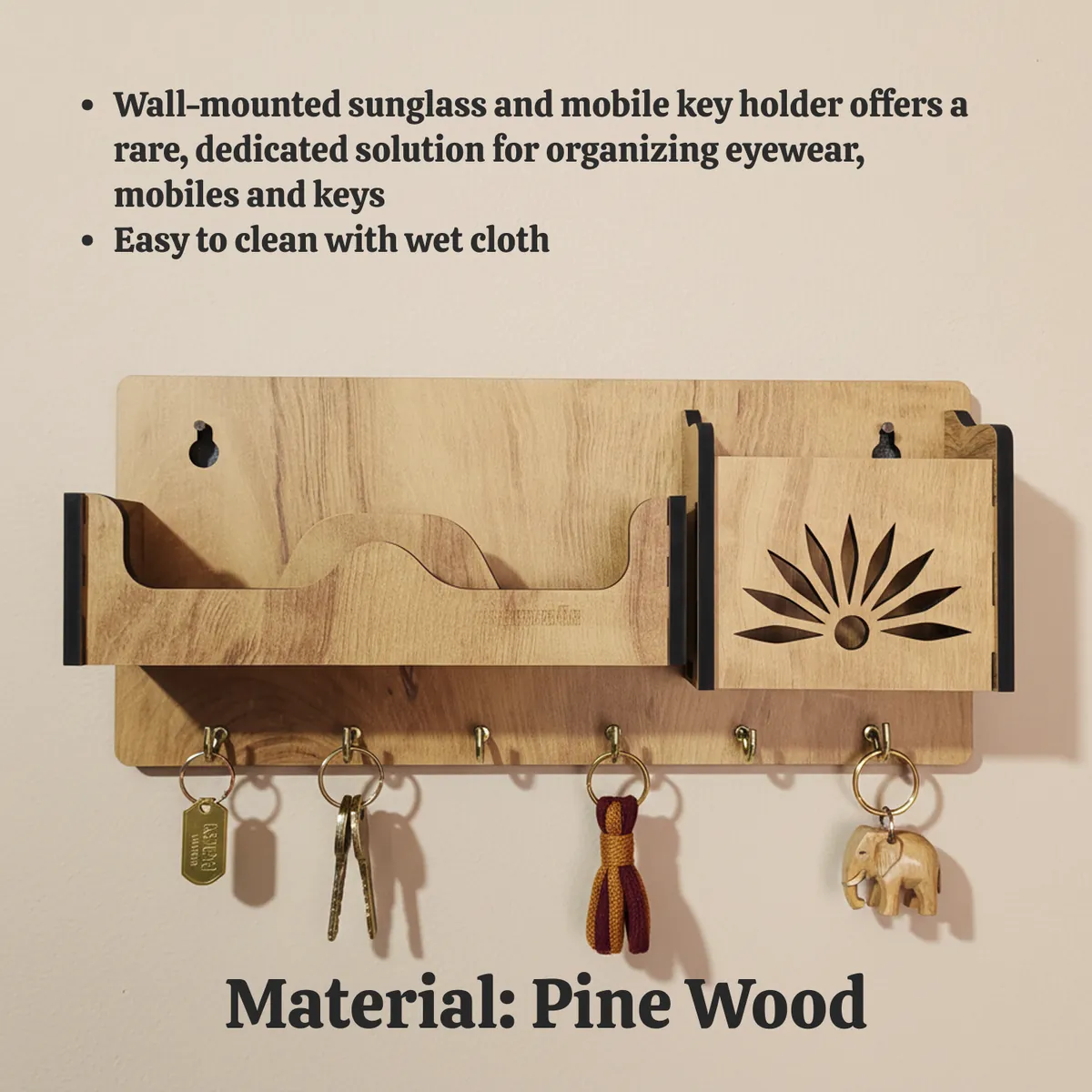 Wooden Wall Mounted Key Holder with Mobile & Sunglasses Stand | Multipurpose Organizer with Premium Hooks | Premium Home Entrance Decor - Image 5