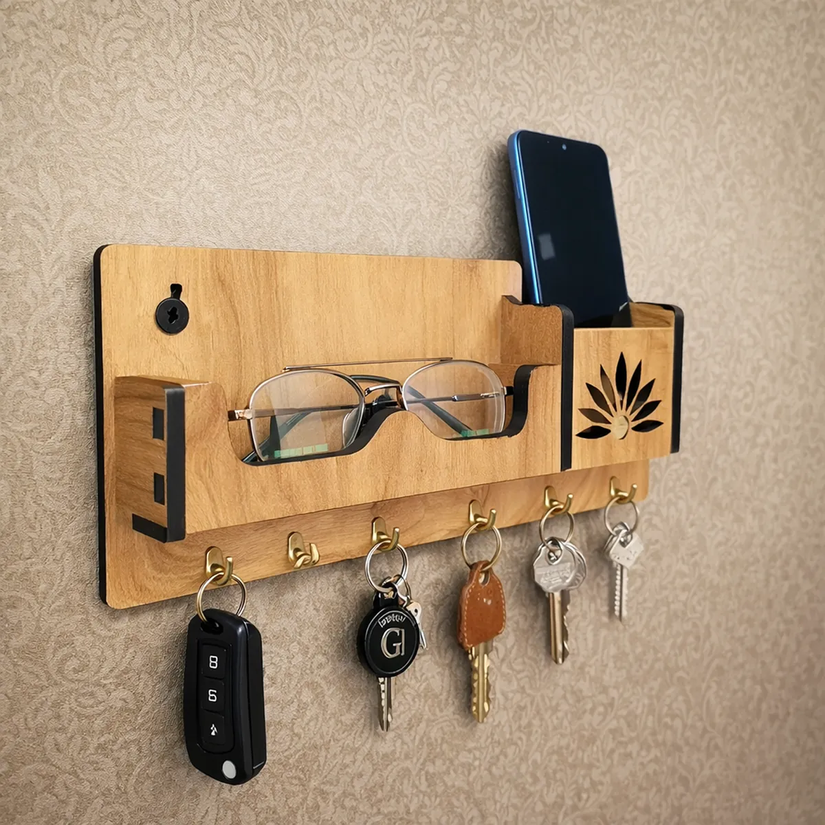 Wooden Wall Mounted Key Holder with Mobile & Sunglasses Stand | Multipurpose Organizer with Premium Hooks | Premium Home Entrance Decor