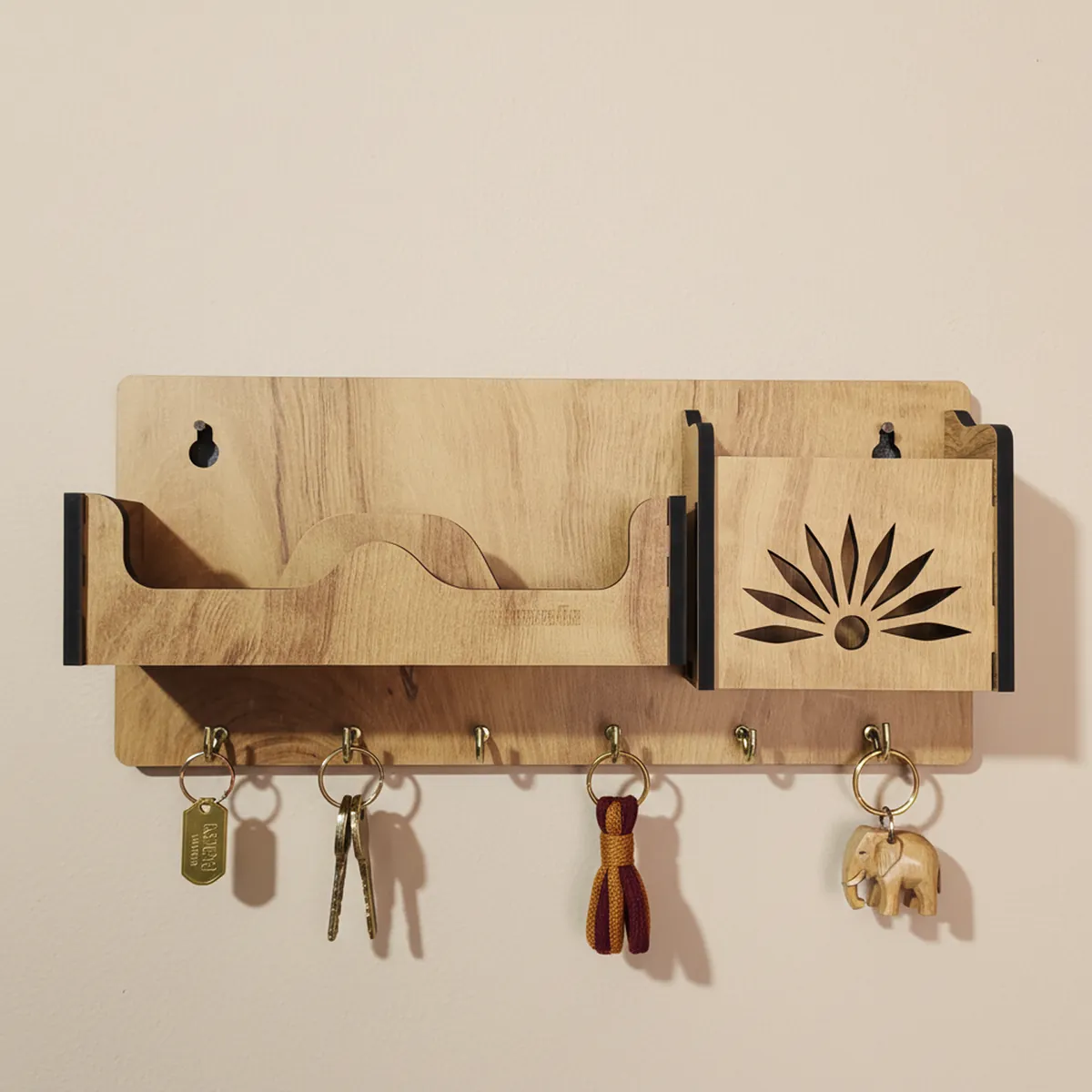 Wooden Wall Mounted Key Holder with Mobile & Sunglasses Stand | Multipurpose Organizer with Premium Hooks | Premium Home Entrance Decor - Image 3