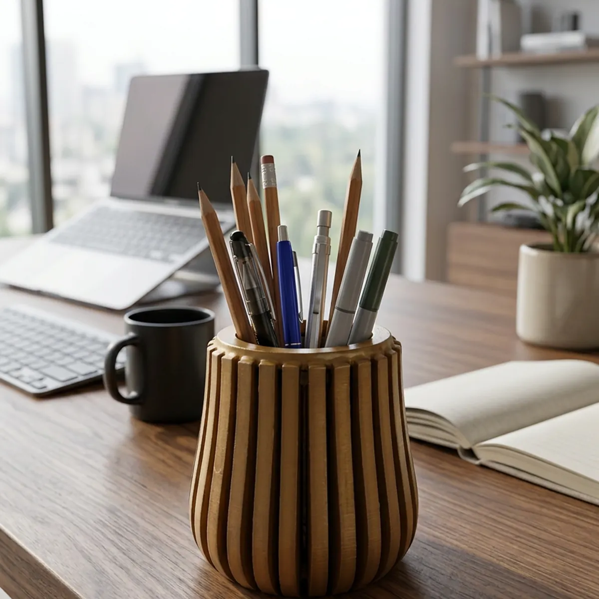 Modern Wooden Pen Holder for Desk | Premium Brown MDF Office Organizer Stand - Image 4