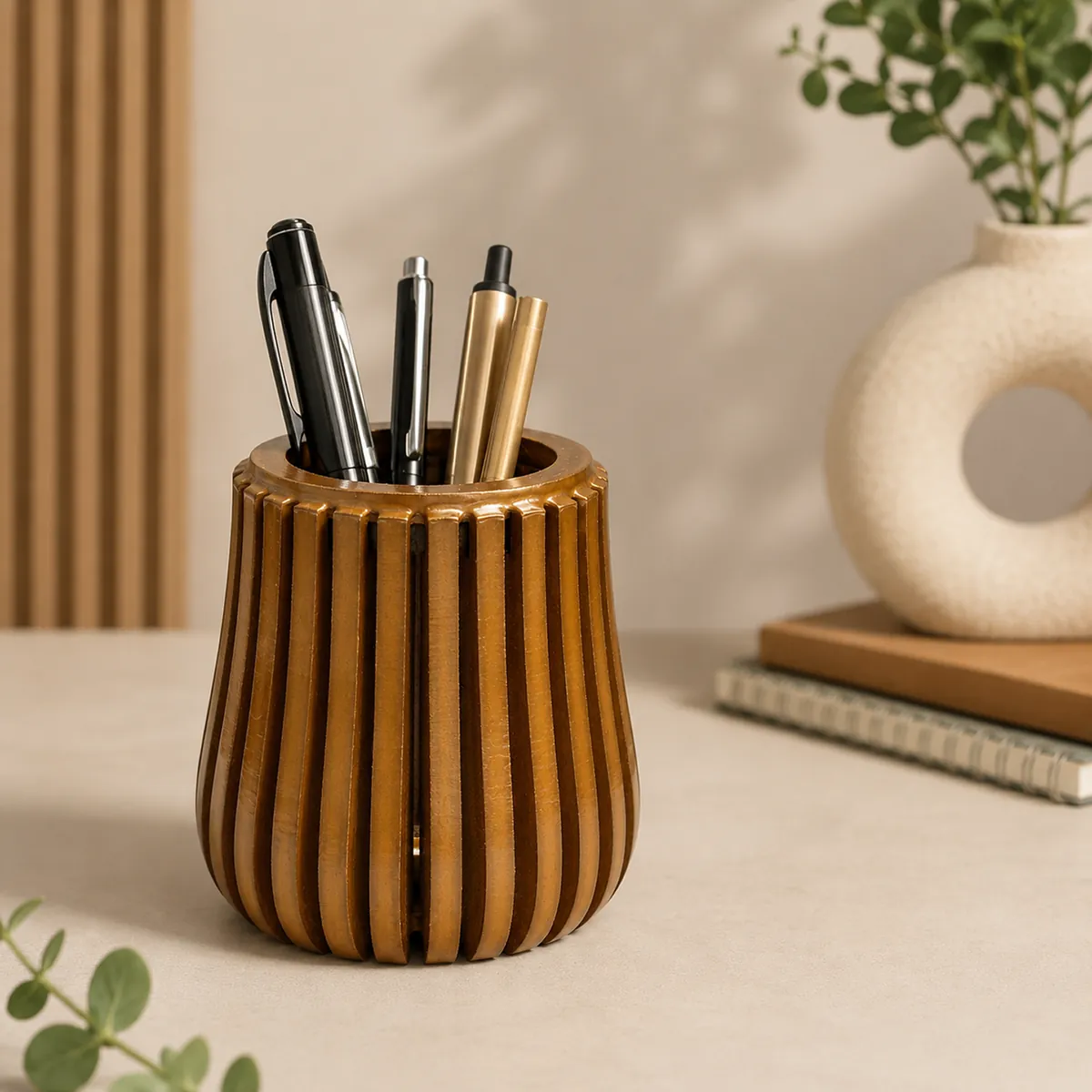 Modern Wooden Pen Holder for Desk | Premium Brown MDF Office Organizer Stand